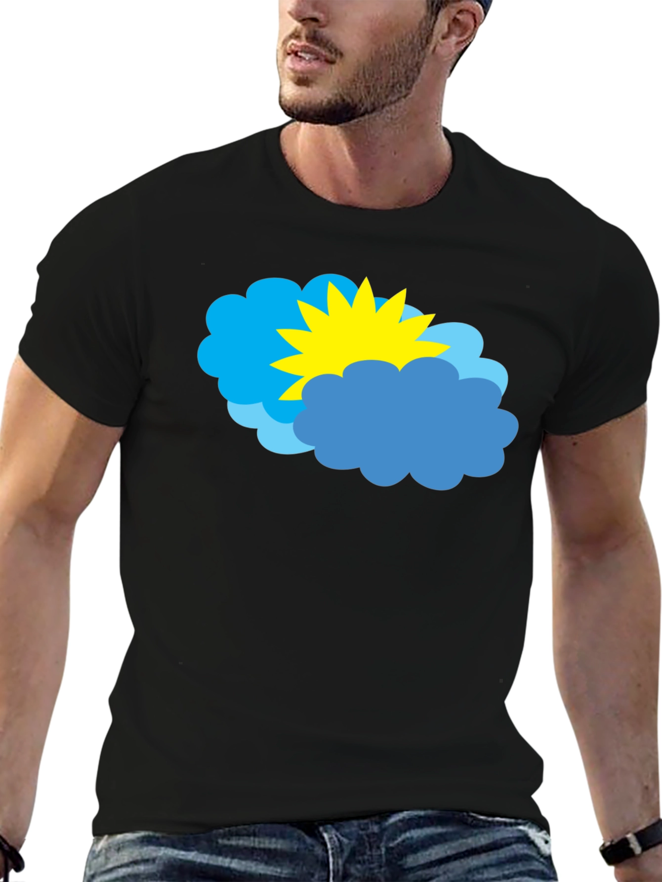 Cartoon Sun & Clouds Graphic Black T-Shirt