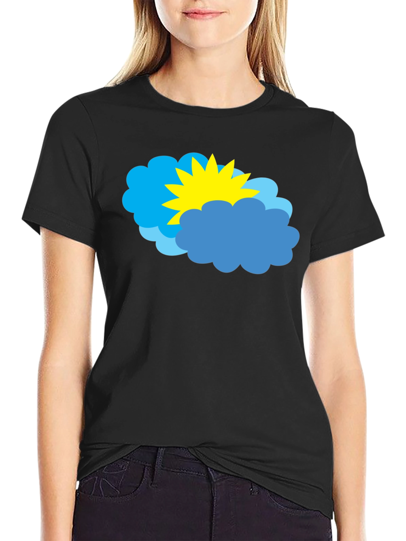 Cartoon Sun & Clouds Graphic Black T-Shirt