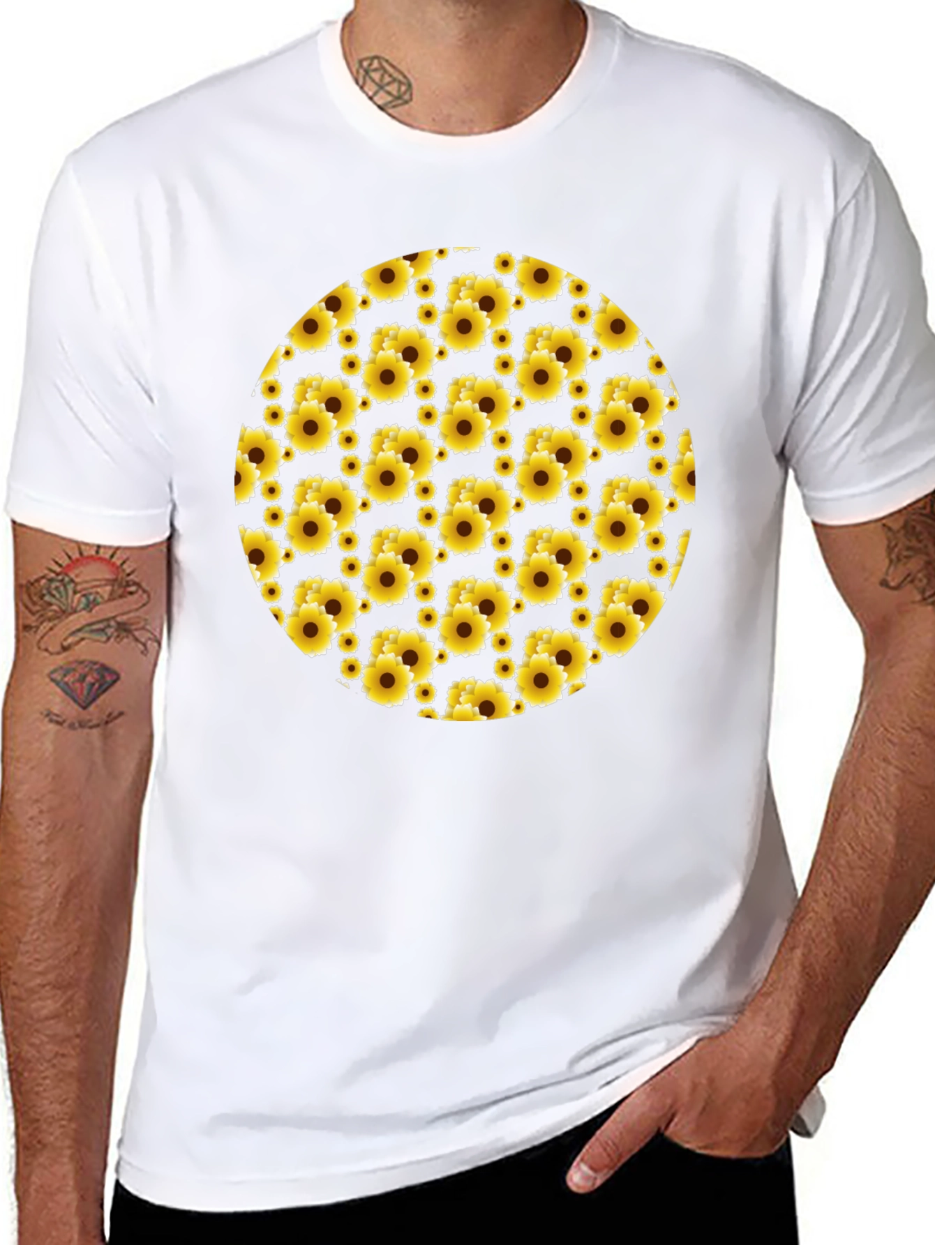 Sunflower Pattern Black T-Shirt