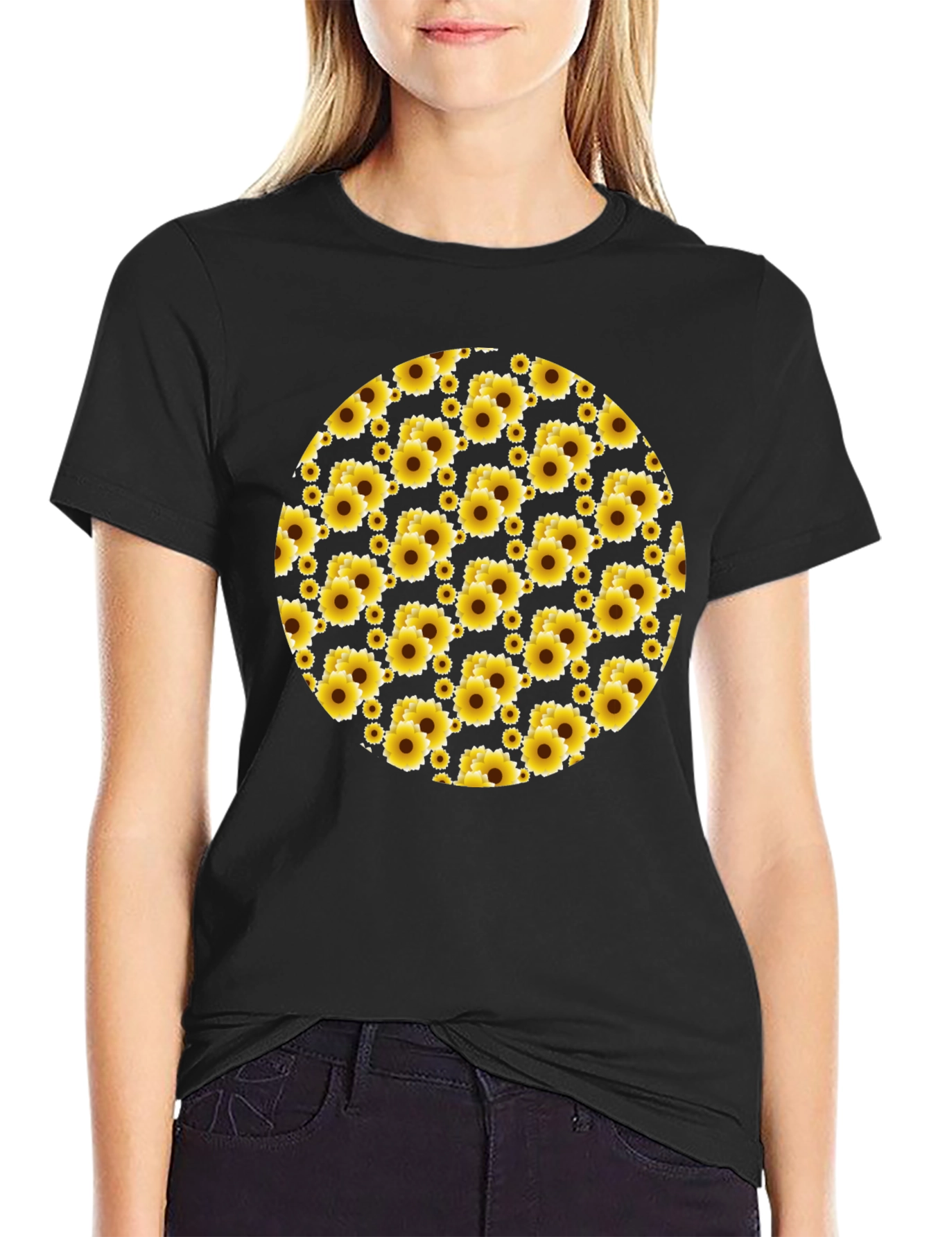 Sunflower Pattern Black T-Shirt