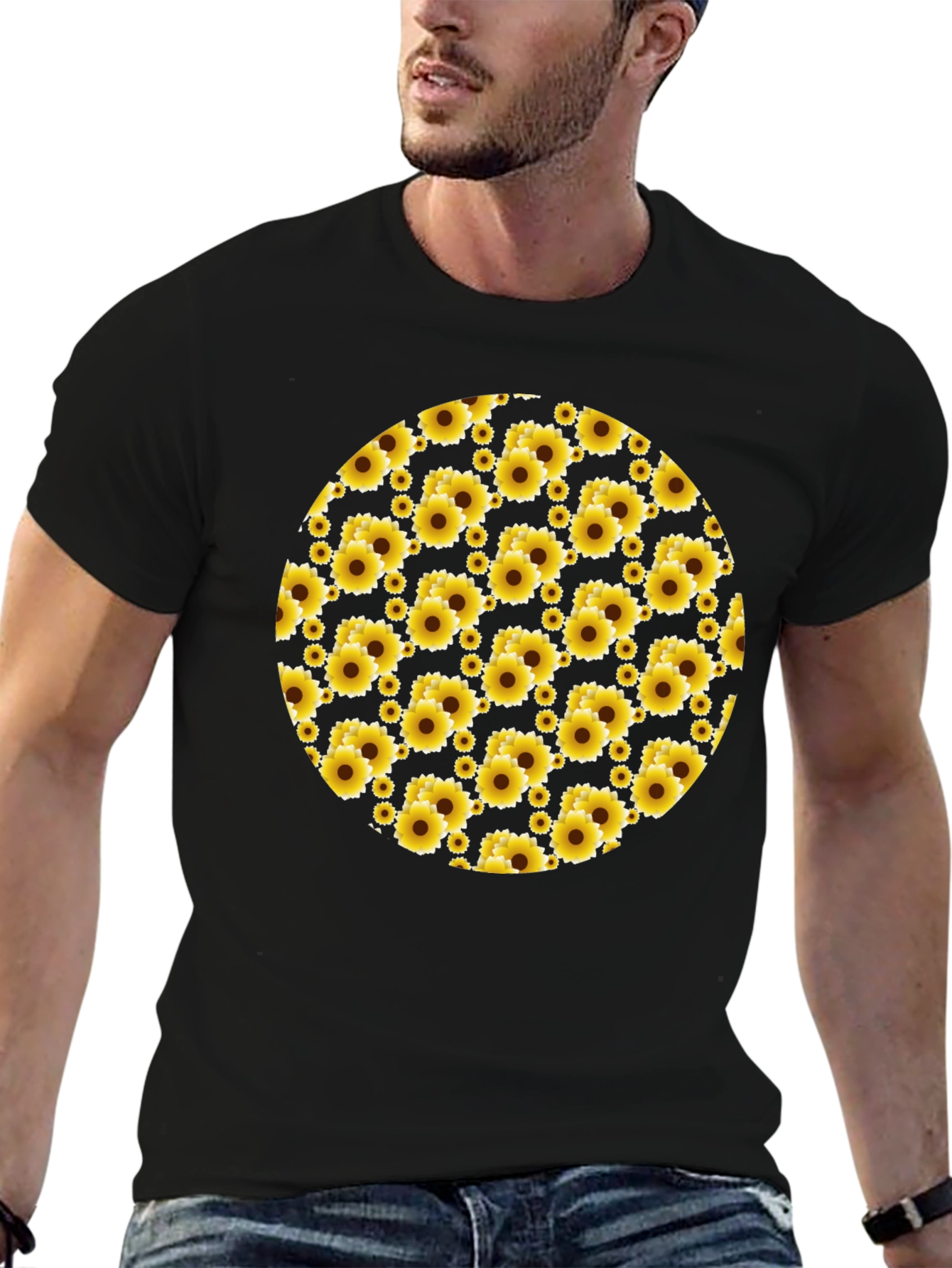 Sunflower Pattern Black T-Shirt