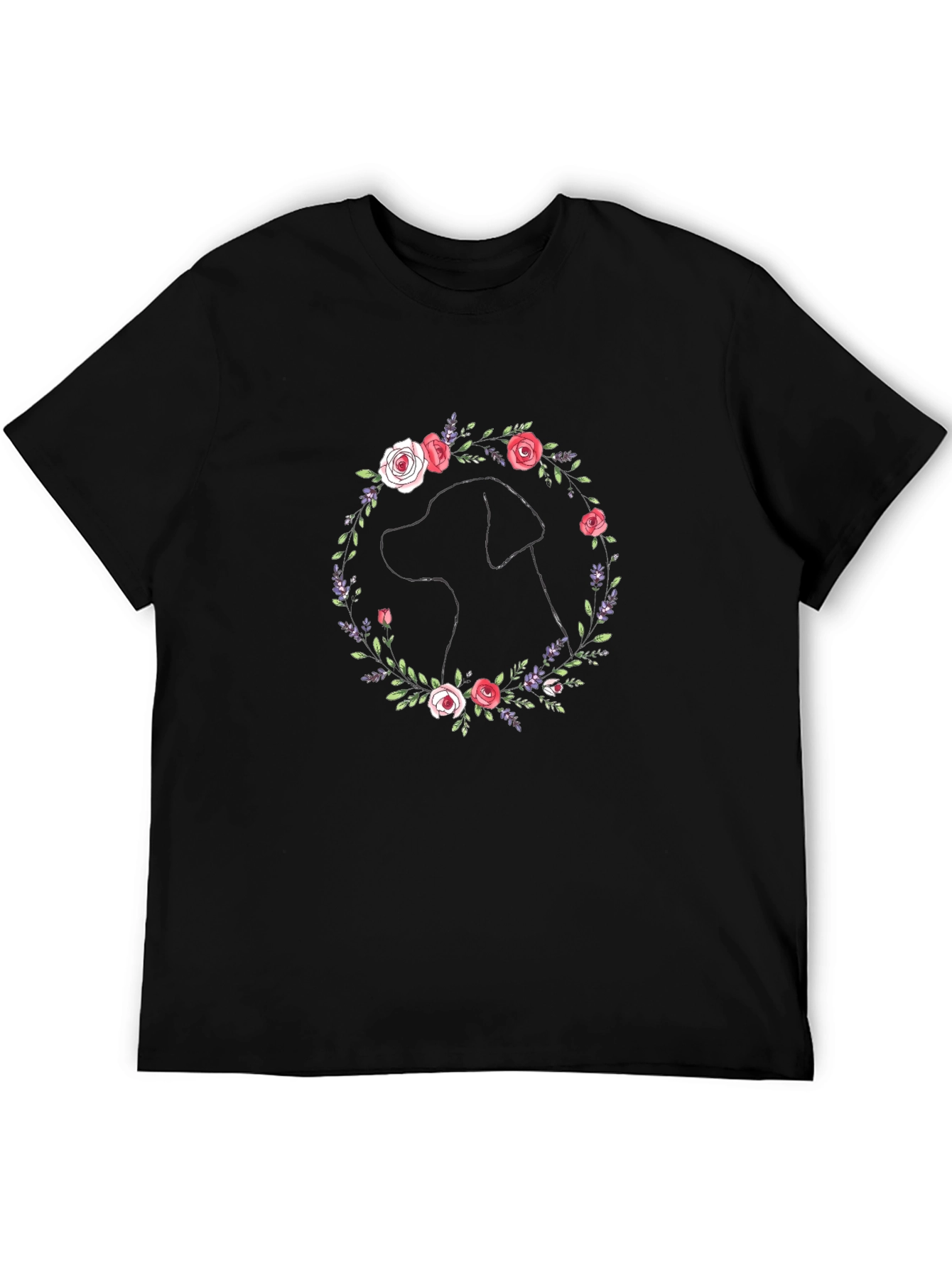 Dog Silhouette Floral Wreath Graphic T-Shirt