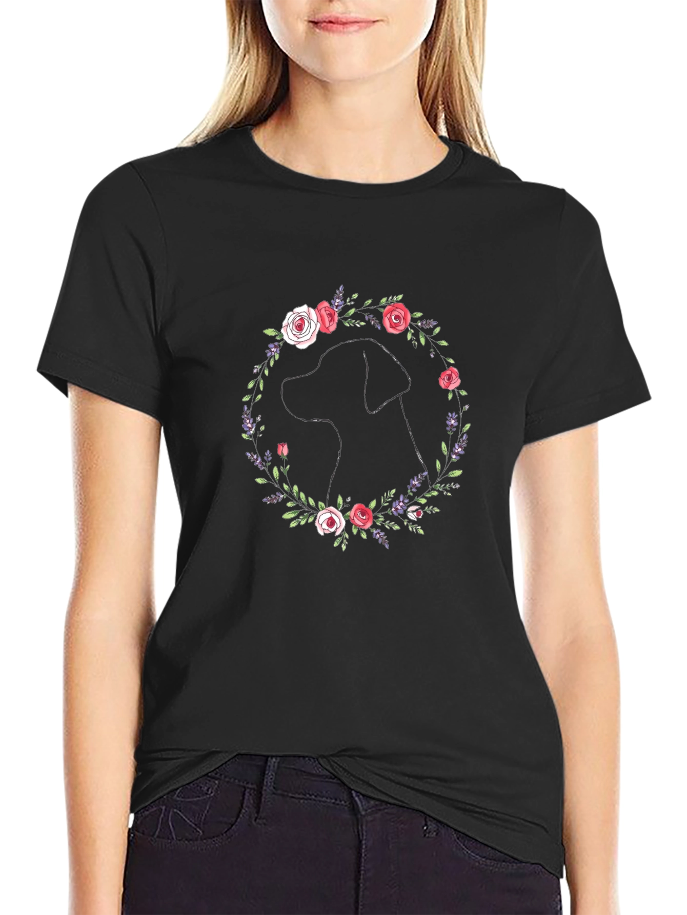 Dog Silhouette Floral Wreath Graphic T-Shirt