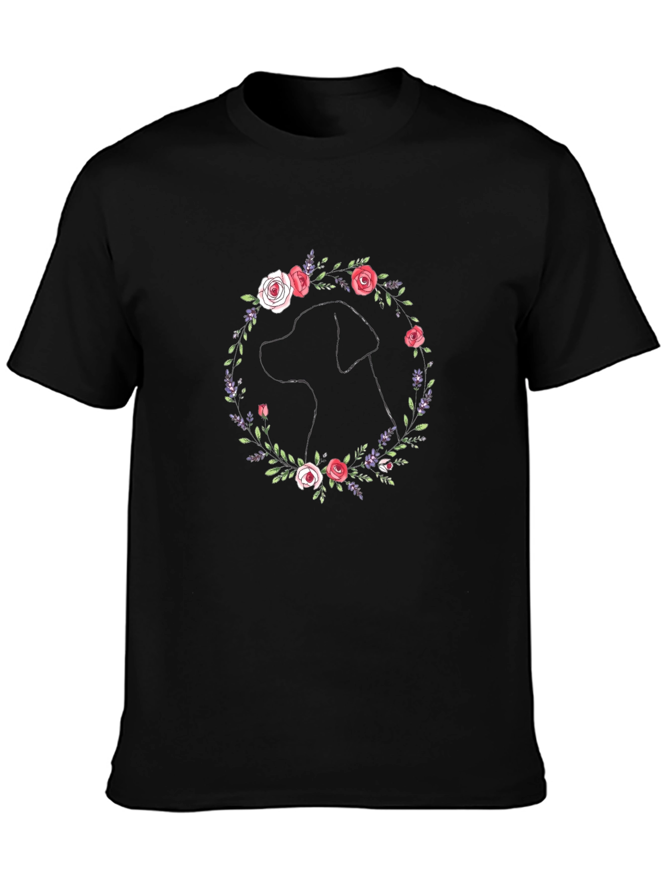 Dog Silhouette Floral Wreath Graphic T-Shirt