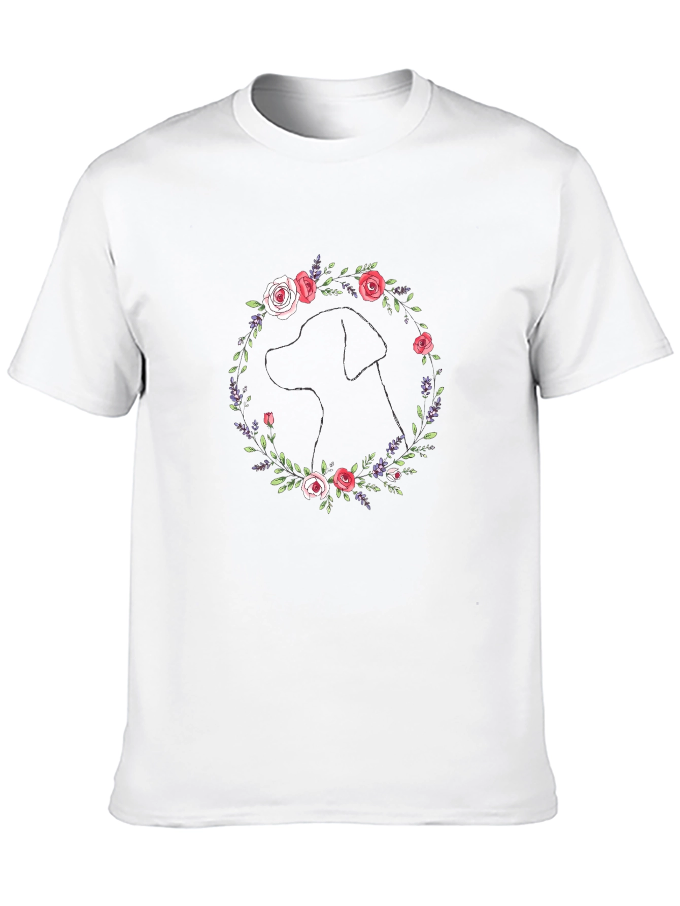 Dog Silhouette Floral Wreath Graphic T-Shirt
