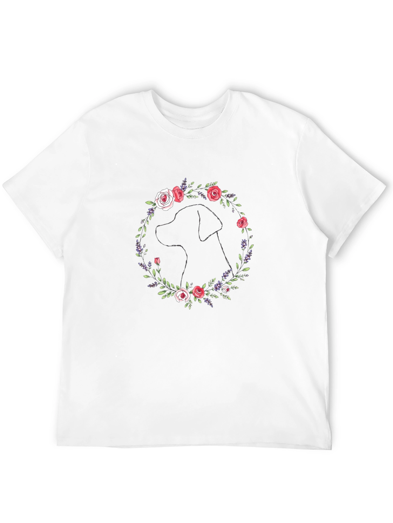 Dog Silhouette Floral Wreath Graphic T-Shirt
