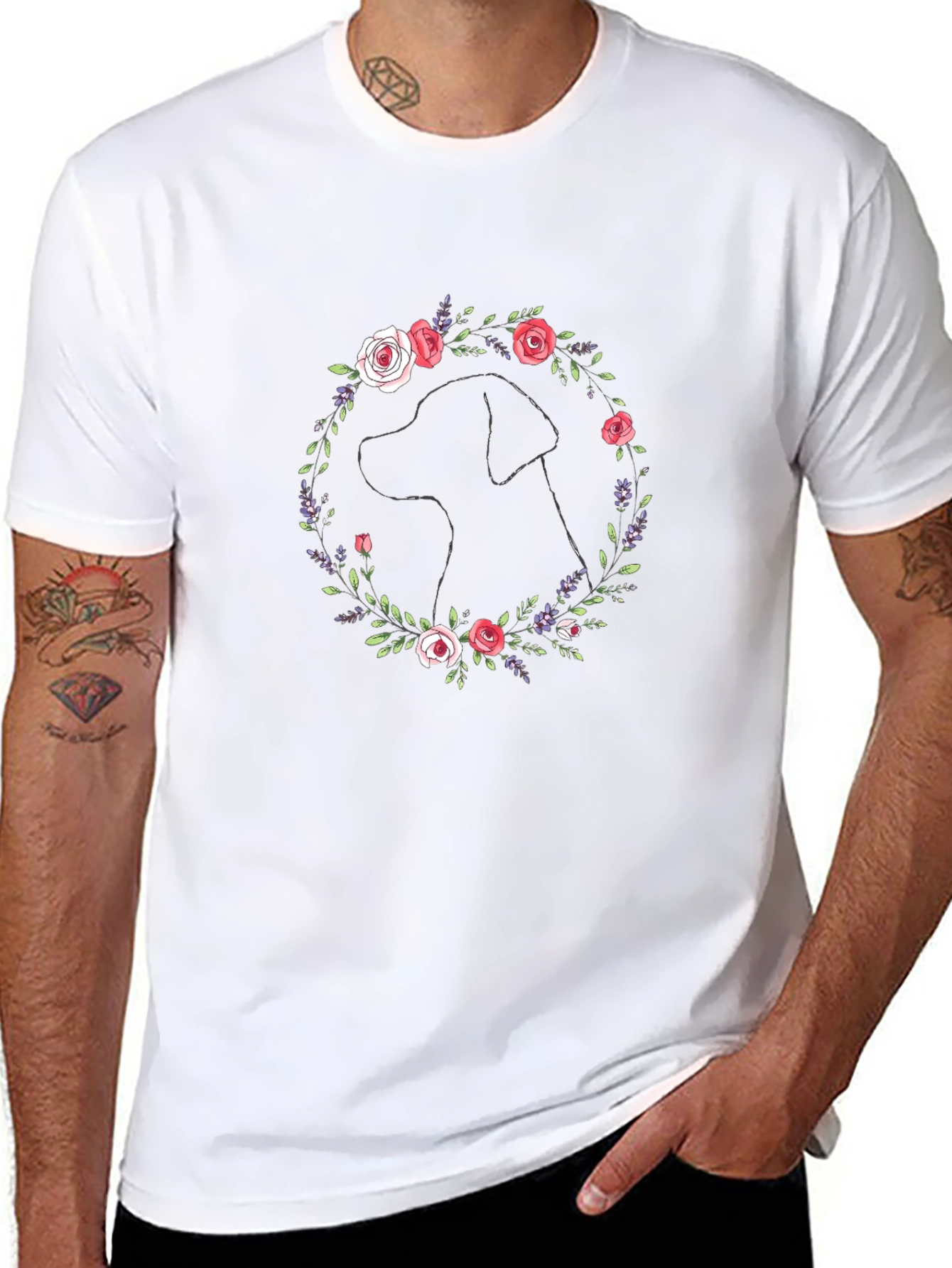 Dog Silhouette Floral Wreath Graphic T-Shirt