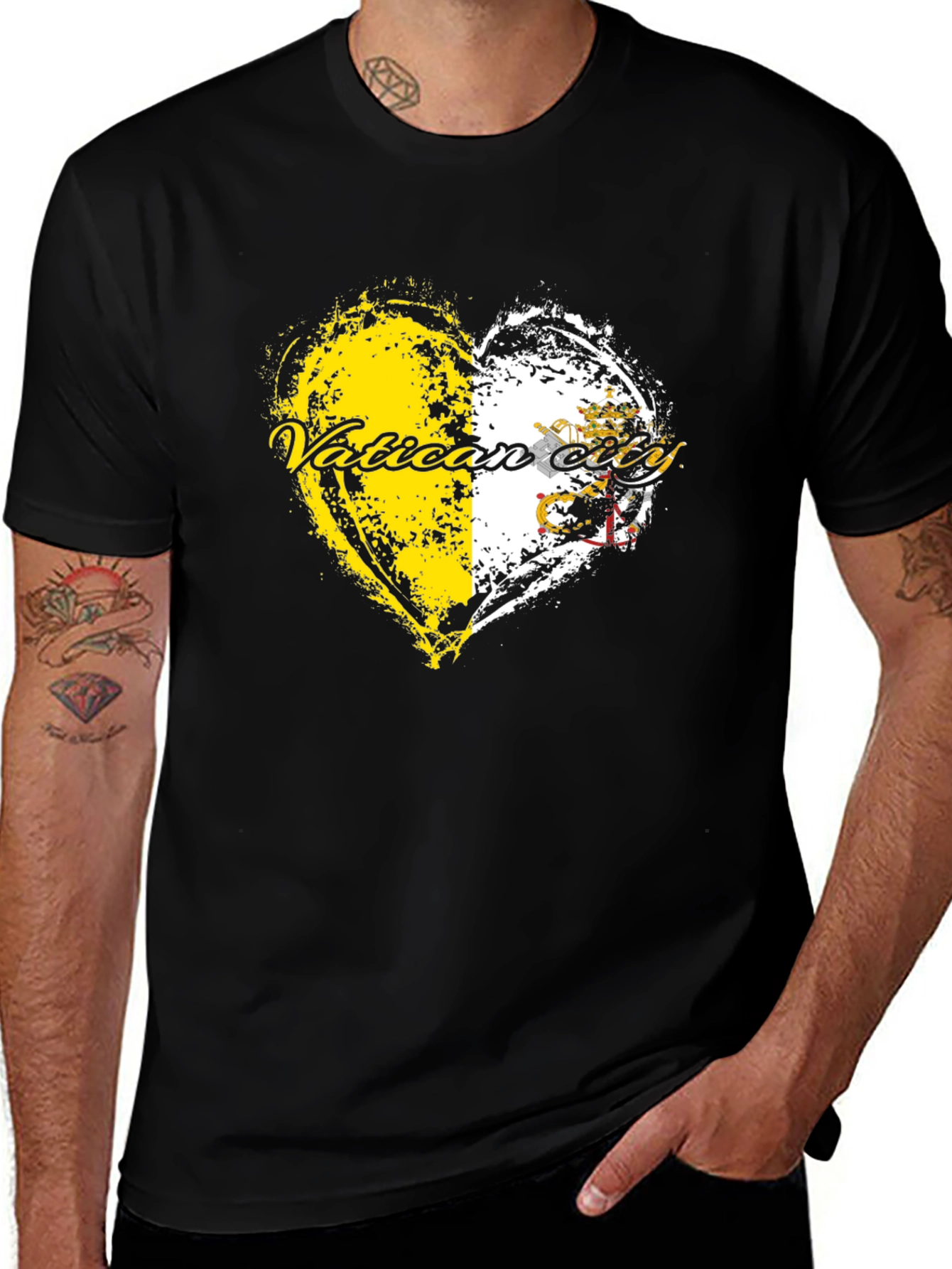 Vatican City Flag Heart Graphic Tee - Black