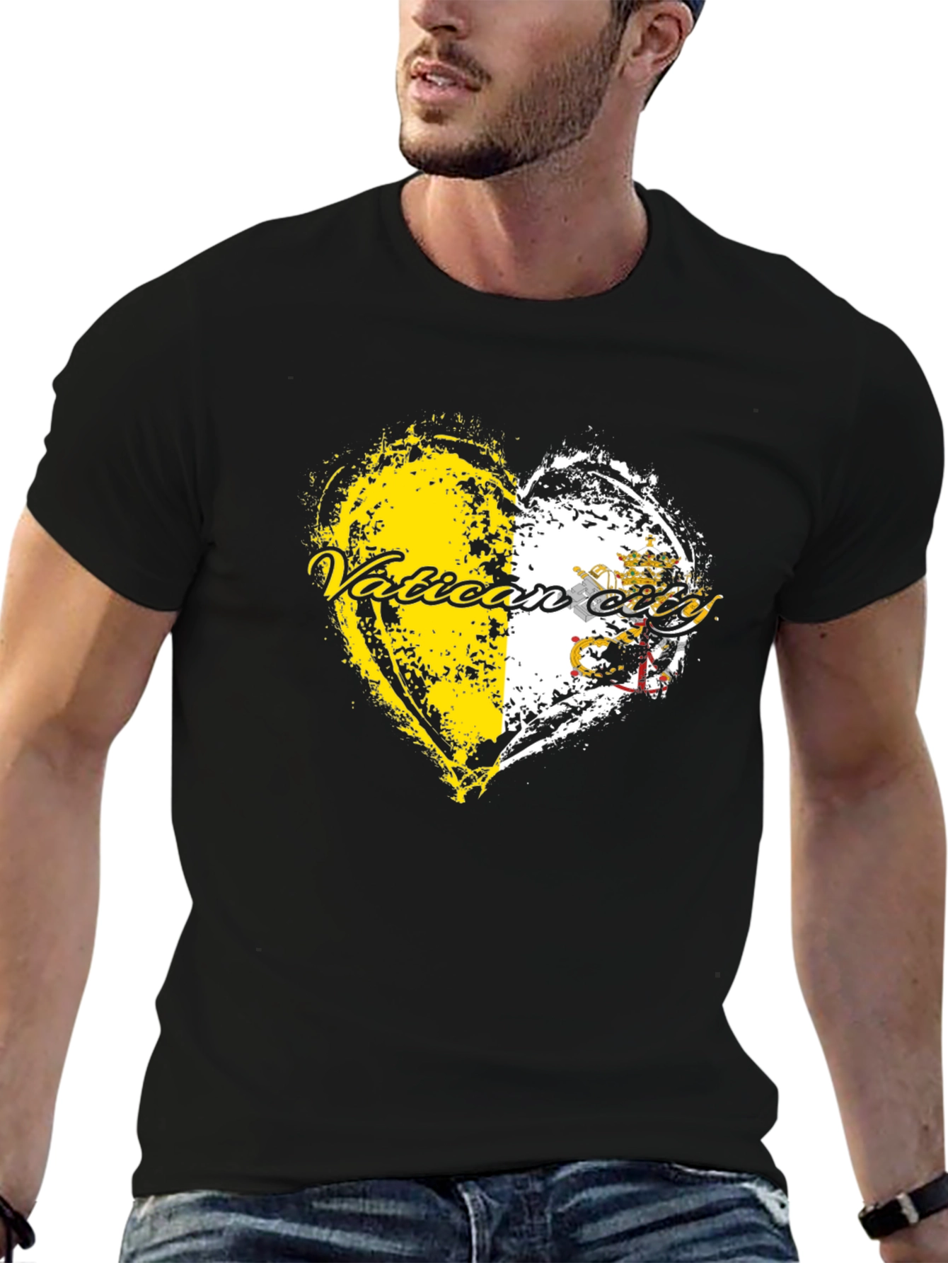 Vatican City Flag Heart Graphic Tee - Black