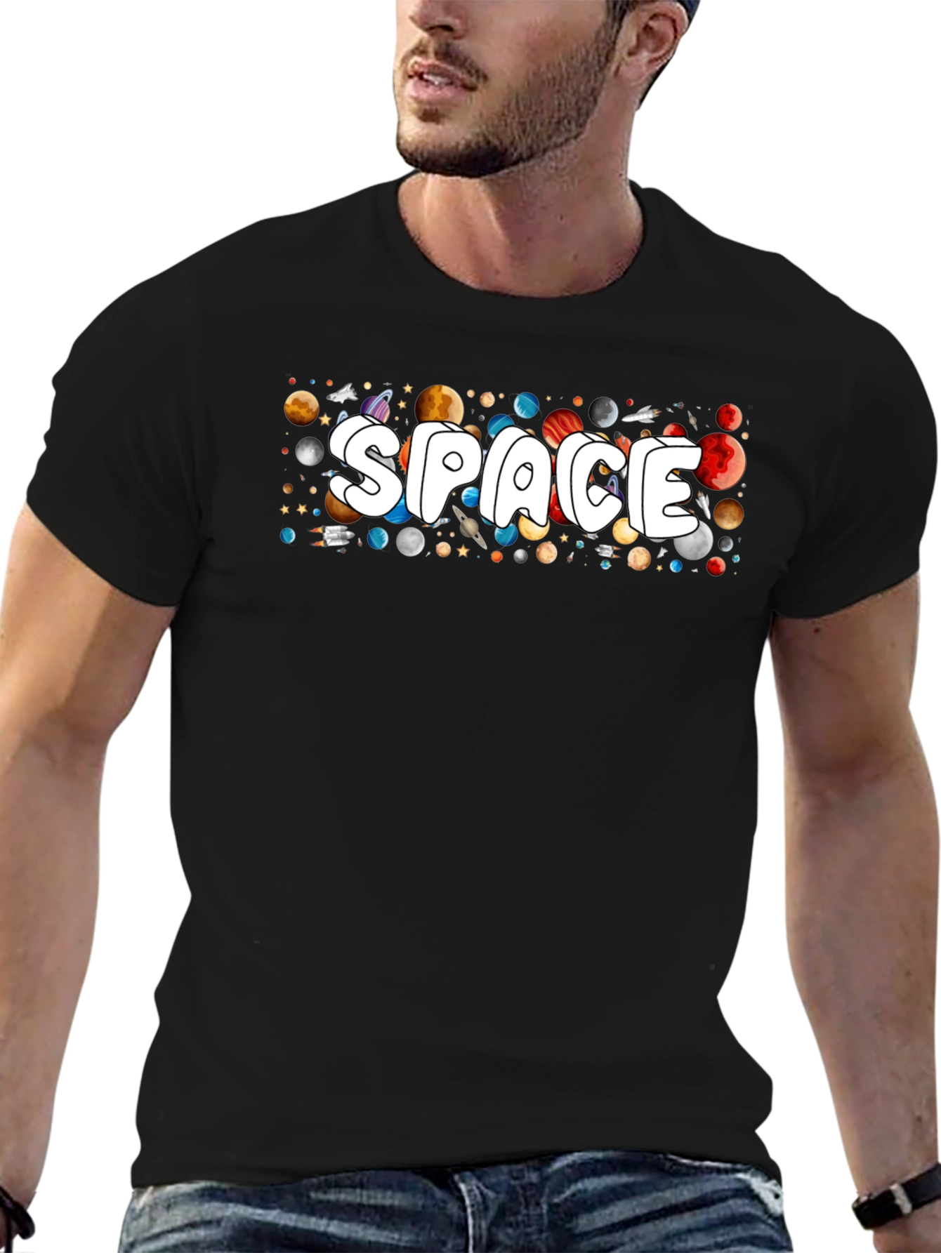 Space Graphic T-Shirt - Planets & Stars Design