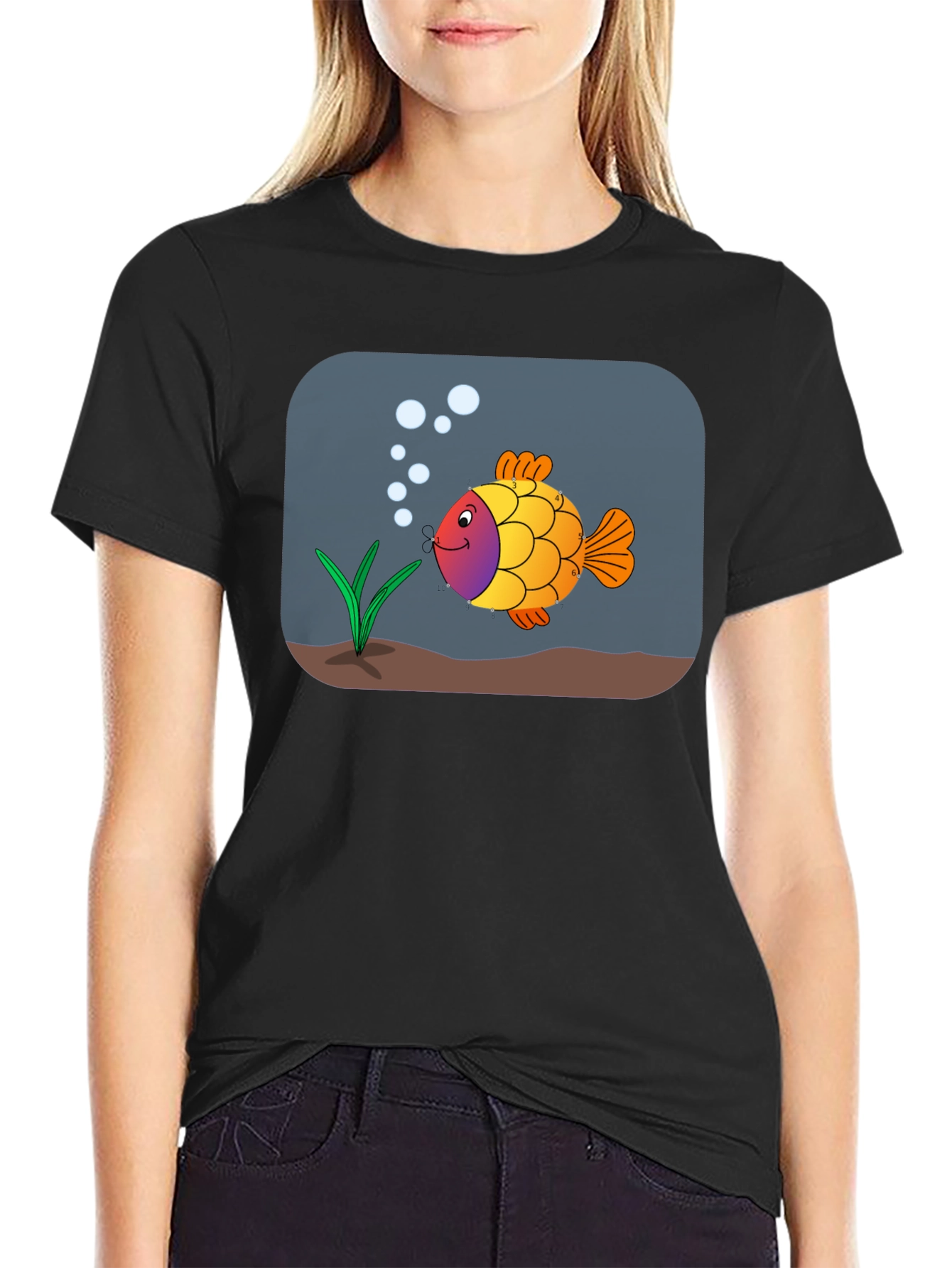 Cartoon Fish Graphic Tee - Black Cotton Shirt