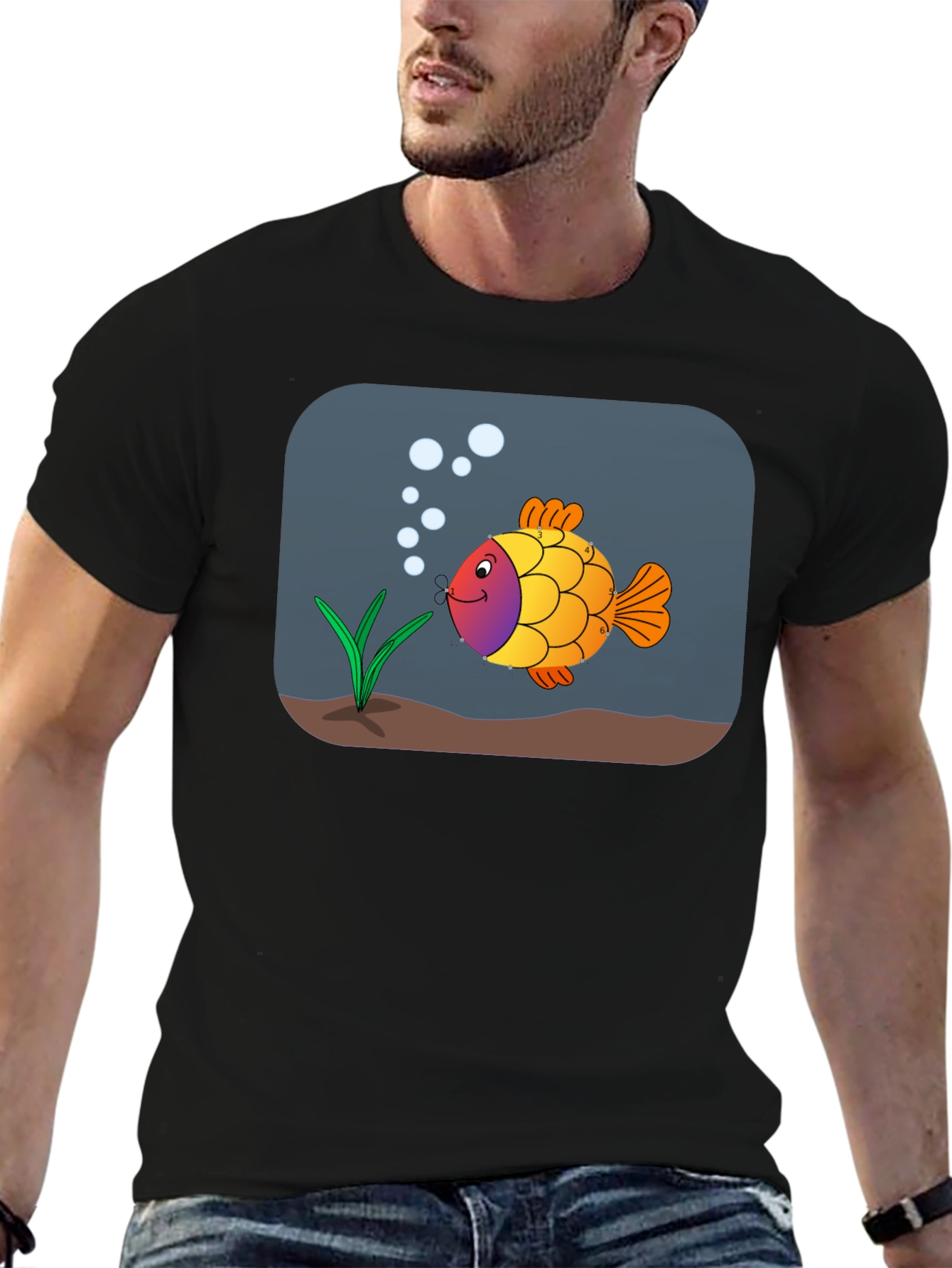 Cartoon Fish Graphic Tee - Black Cotton Shirt