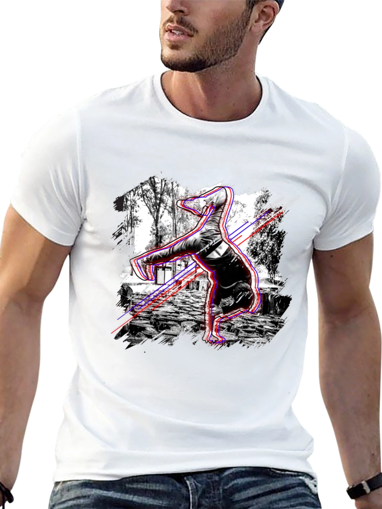 Graphic Black T-Shirt - Breakdancing Dinosaur