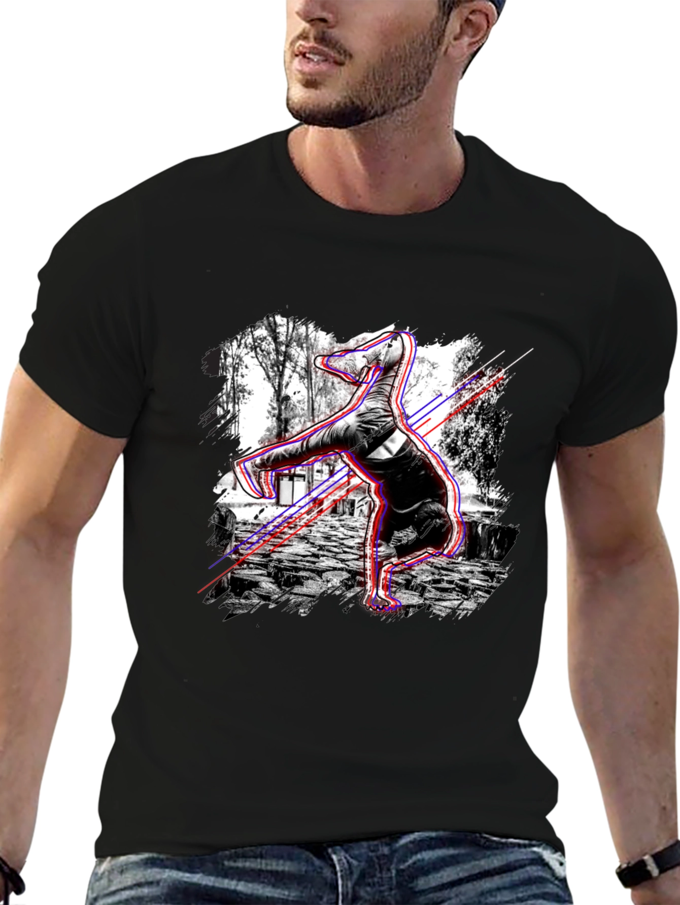 Graphic Black T-Shirt - Breakdancing Dinosaur