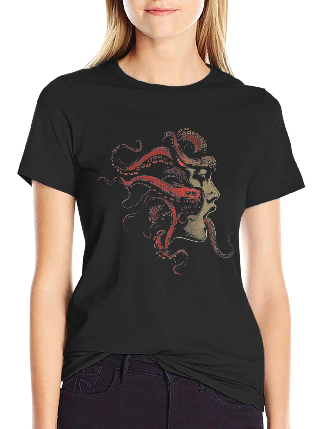 Octopus Woman Graphic Tee - Black Cotton T-Shirt