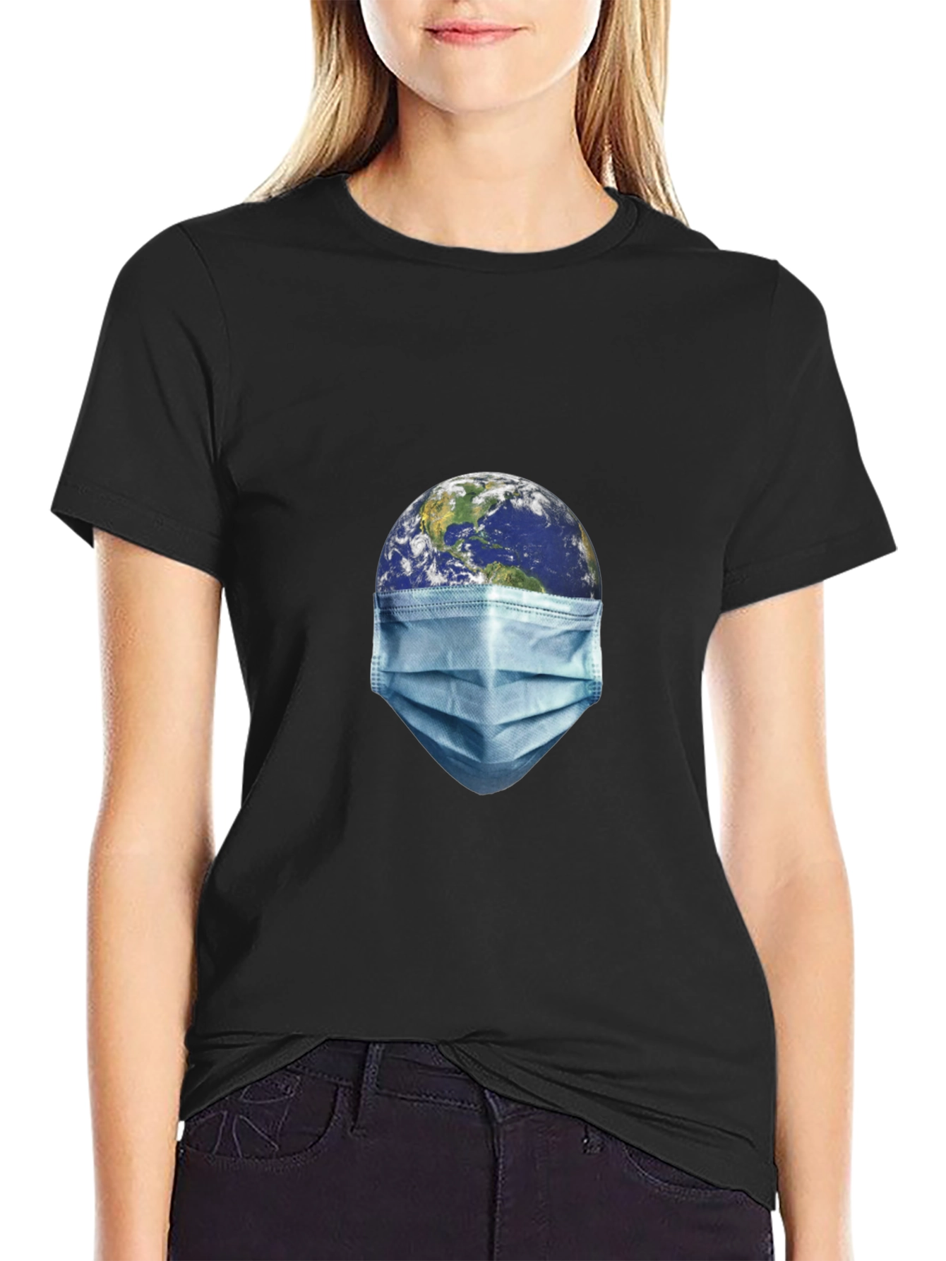 Earth Wearing Mask Black Graphic T-Shirt