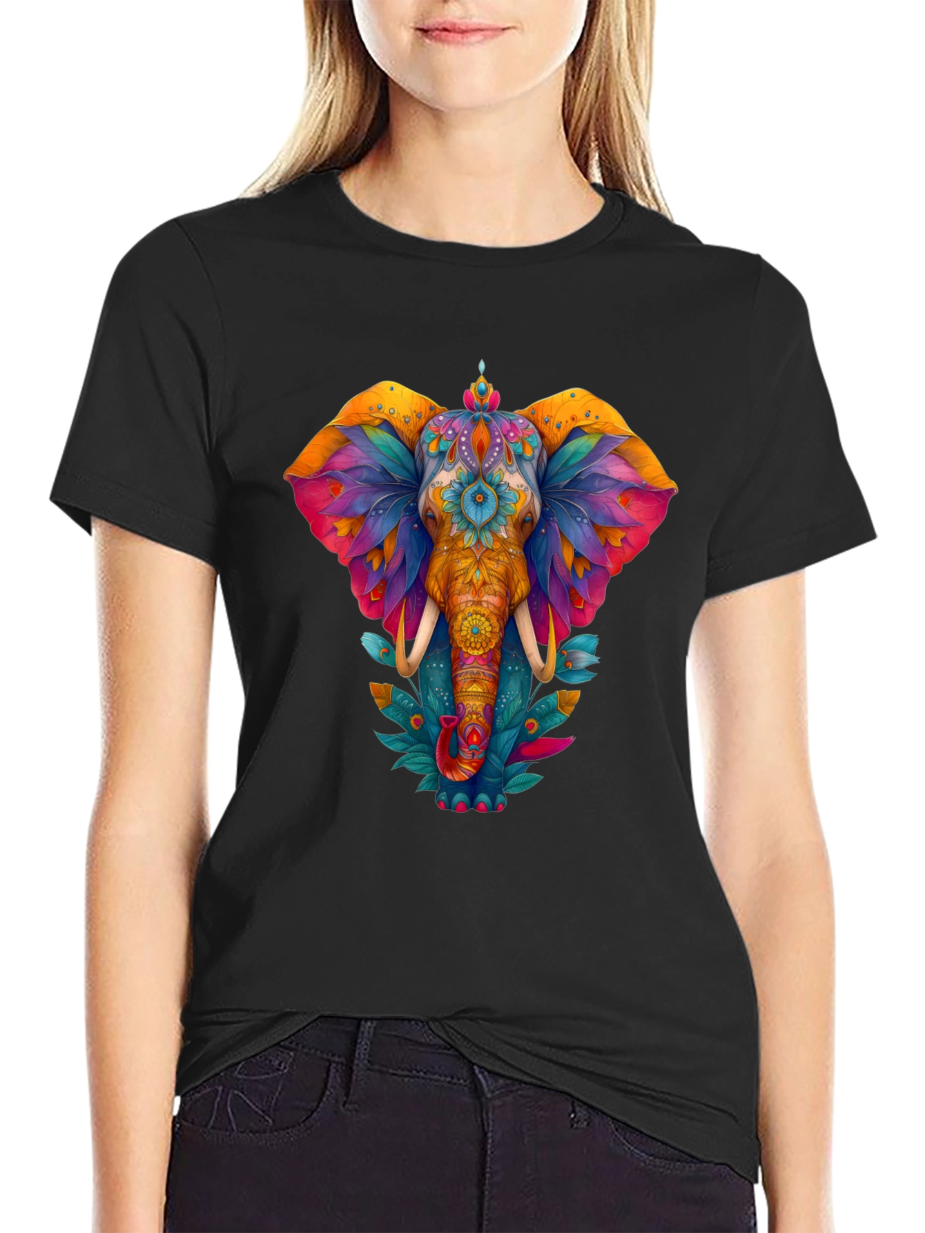 Vibrant Elephant Graphic Tee - Black Cotton Blend