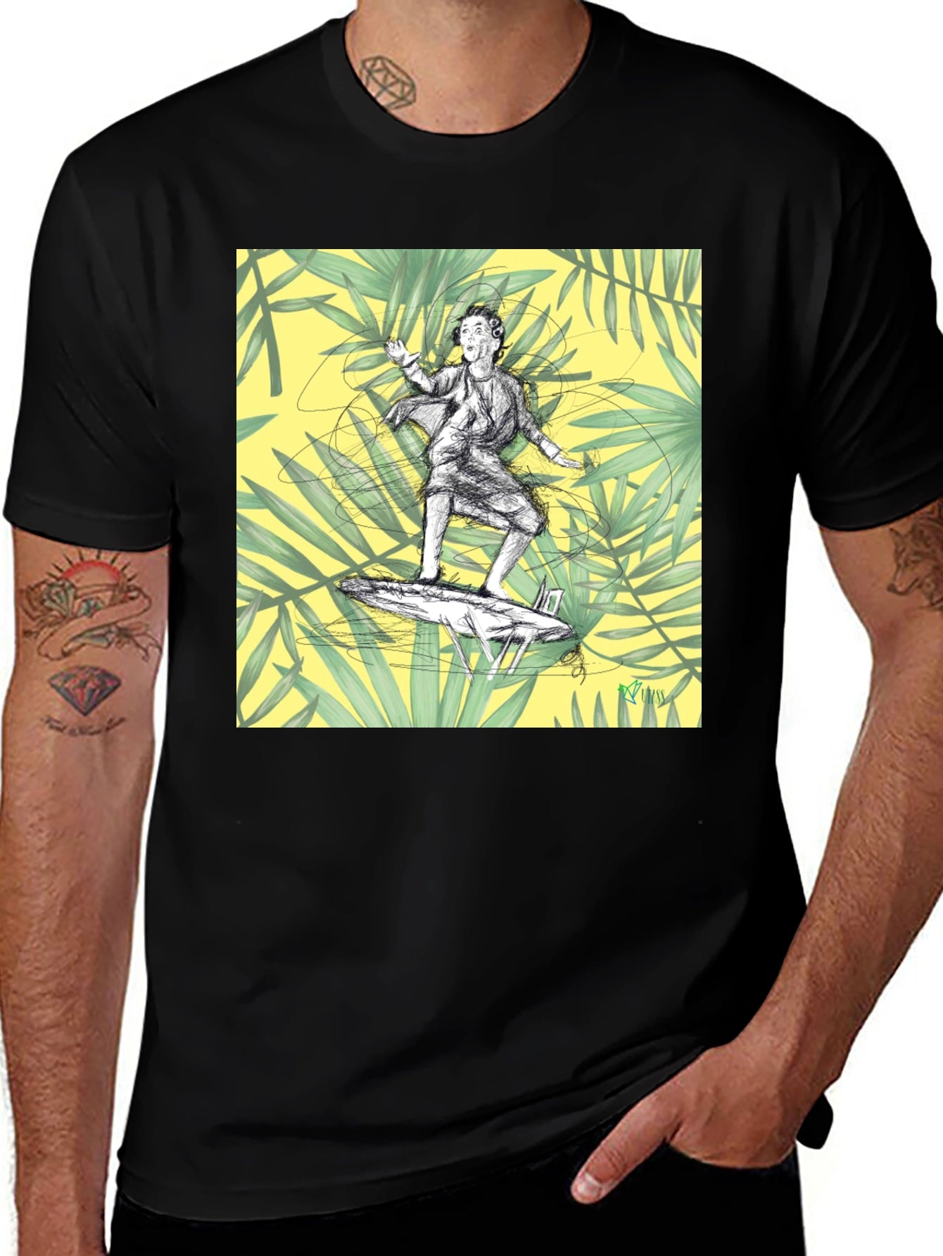 Surfing Graphic Tee - Black Cotton T-Shirt
