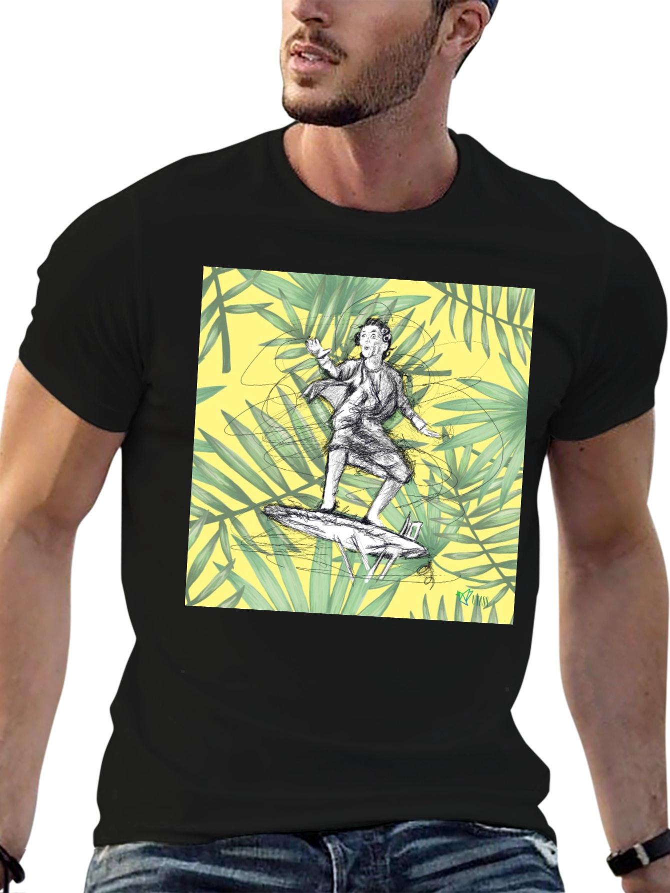 Surfing Graphic Tee - Black Cotton T-Shirt