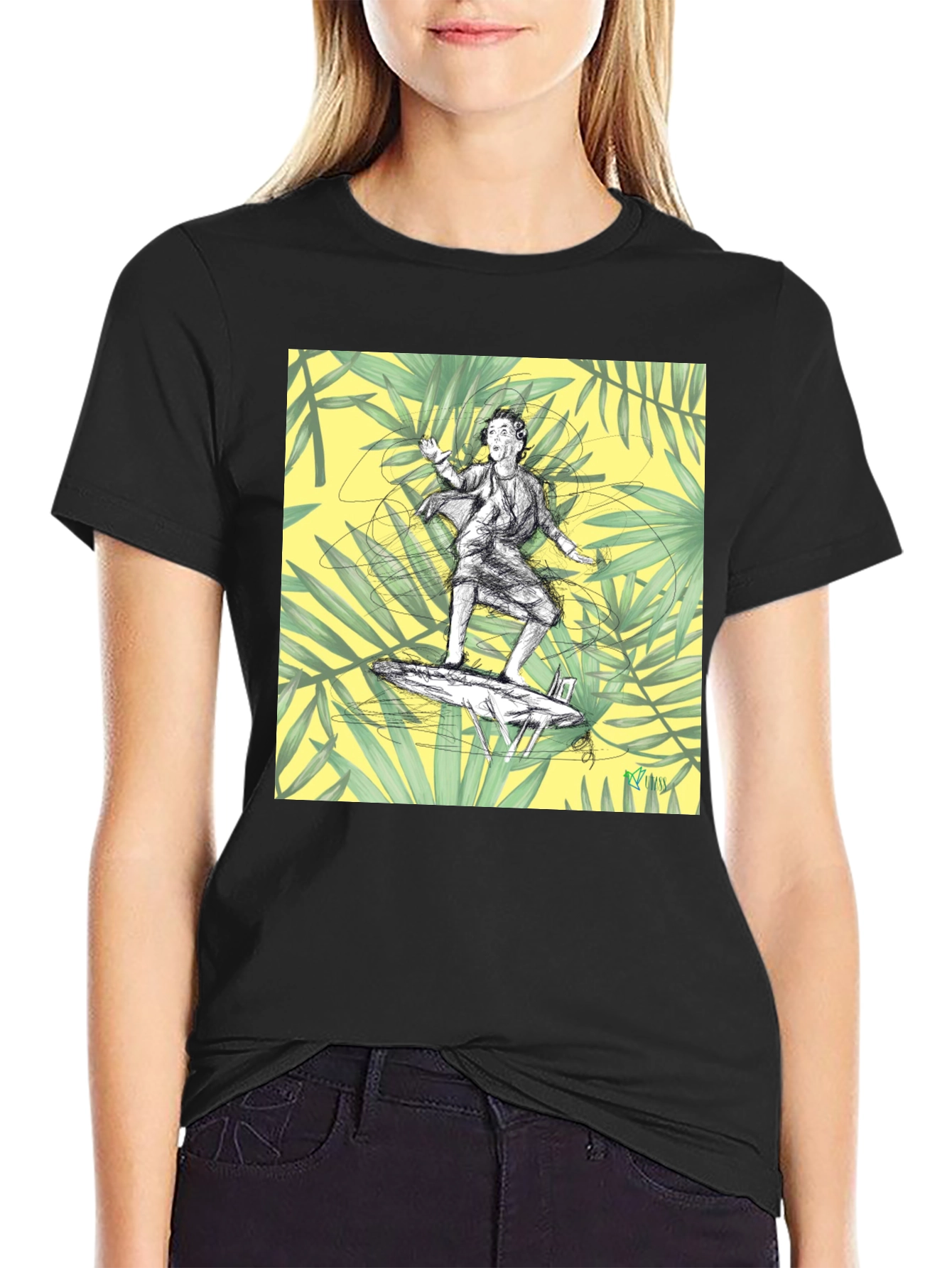 Surfing Graphic Tee - Black Cotton T-Shirt