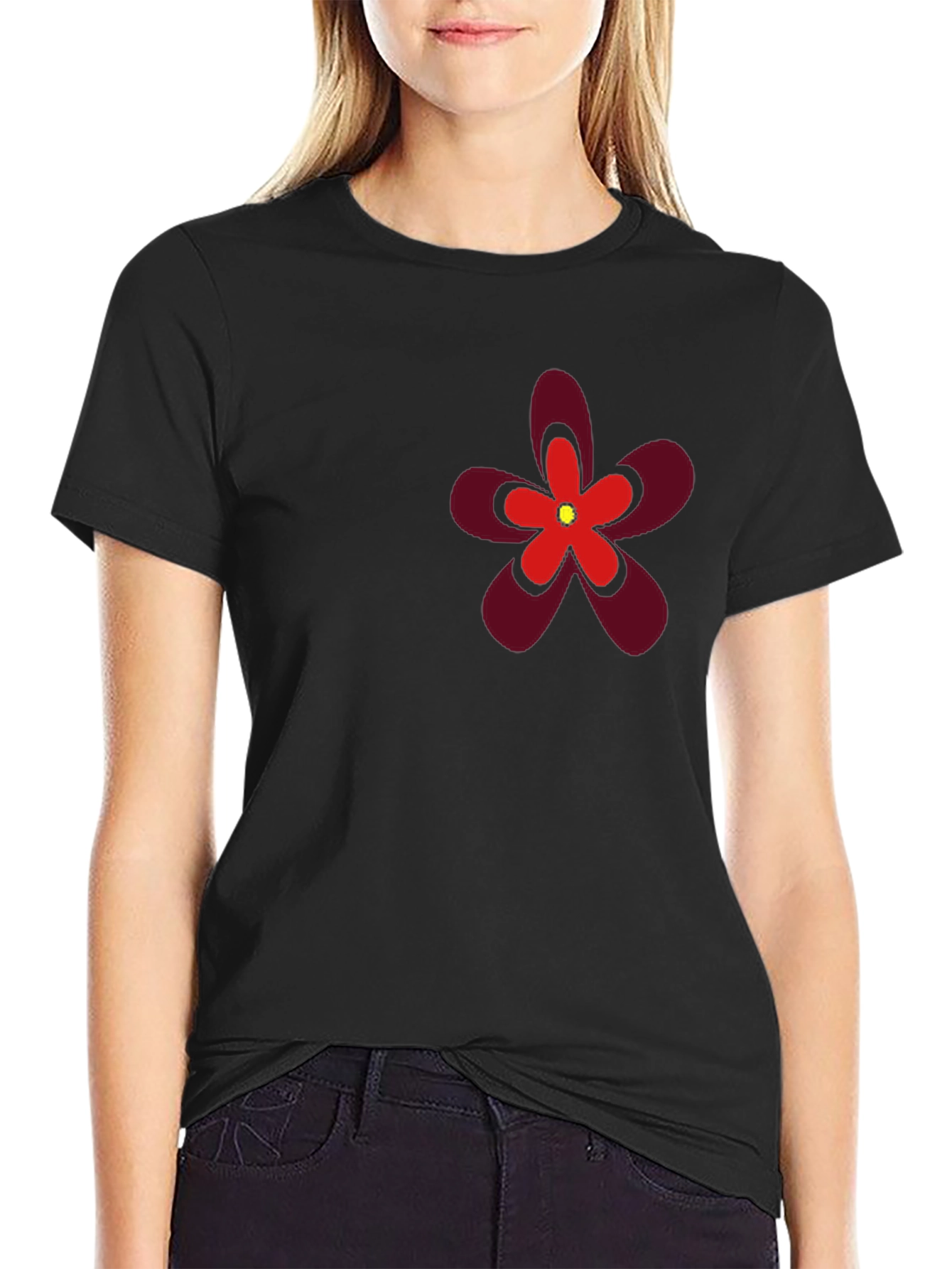 Bold Flower Graphic Tee - Black Cotton T-Shirt