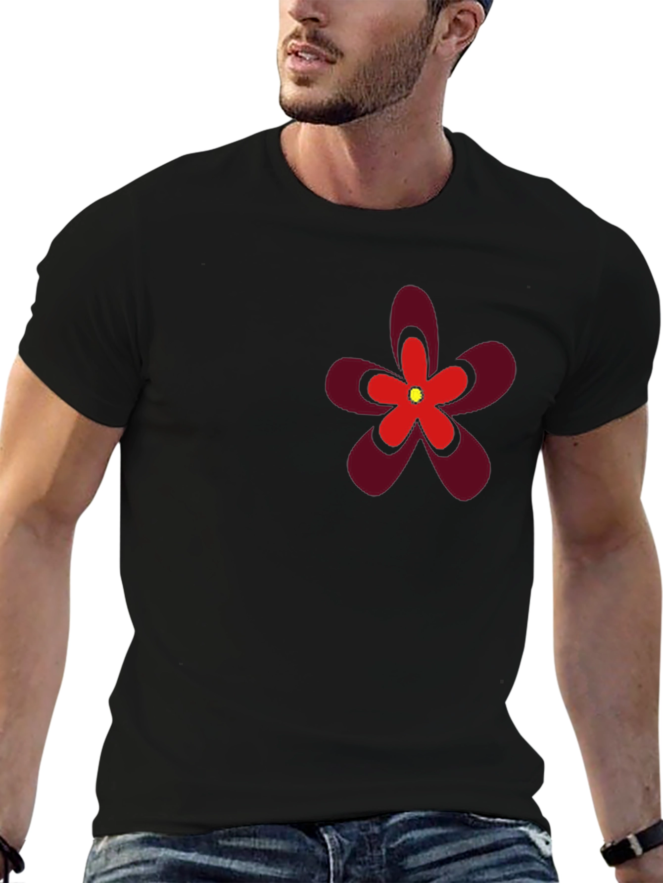 Bold Flower Graphic Tee - Black Cotton T-Shirt
