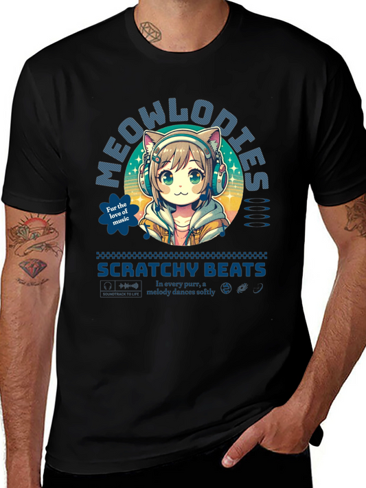 Meowlodies Scratchy Beats T-Shirt - Anime Cat Girl Headphones Tee