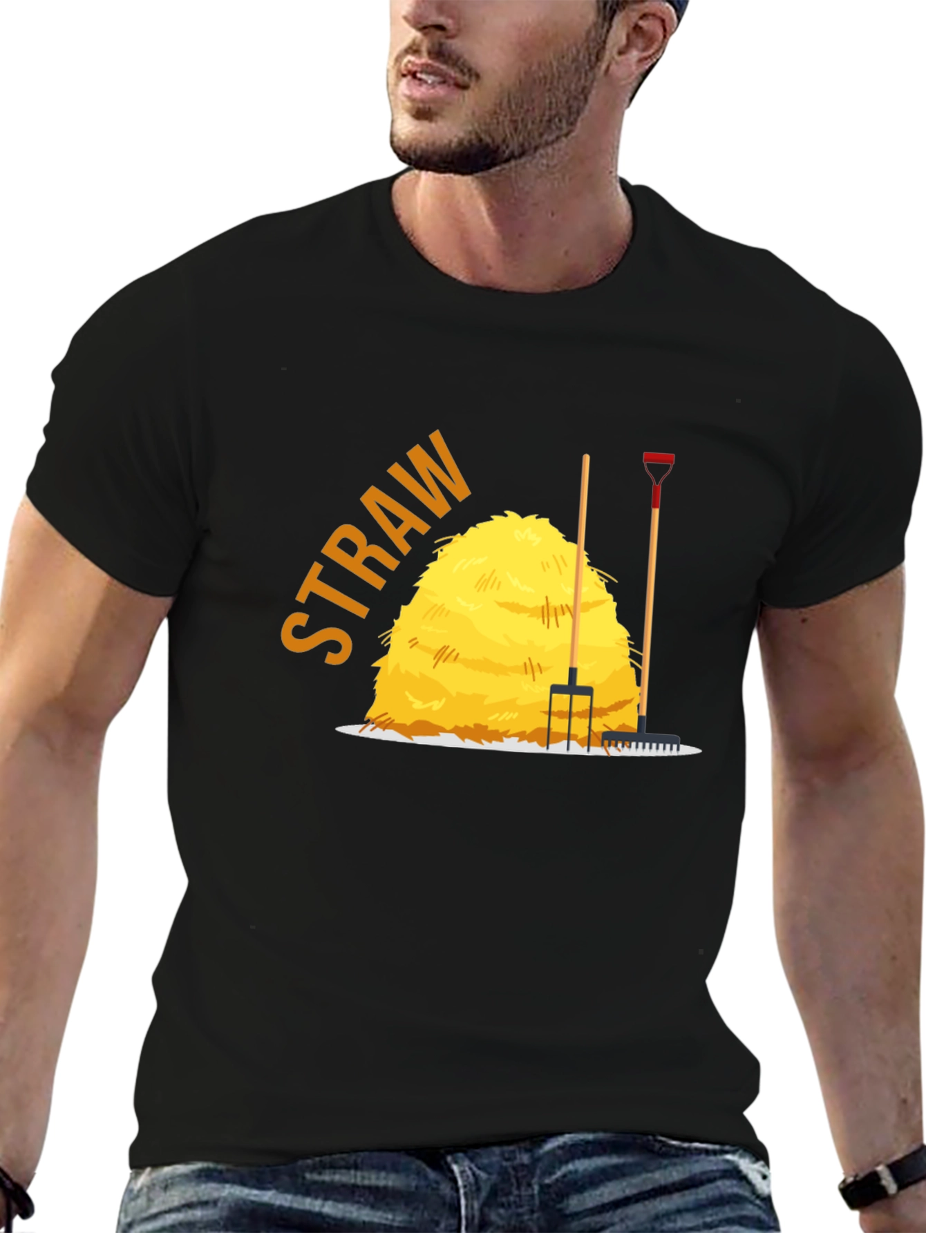 Mens Straw Bale Graphic Tee - Black Cotton