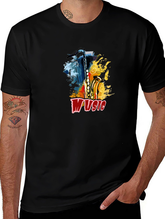 Saxophone Music Graphic Tee - Black Cotton T-Shirt