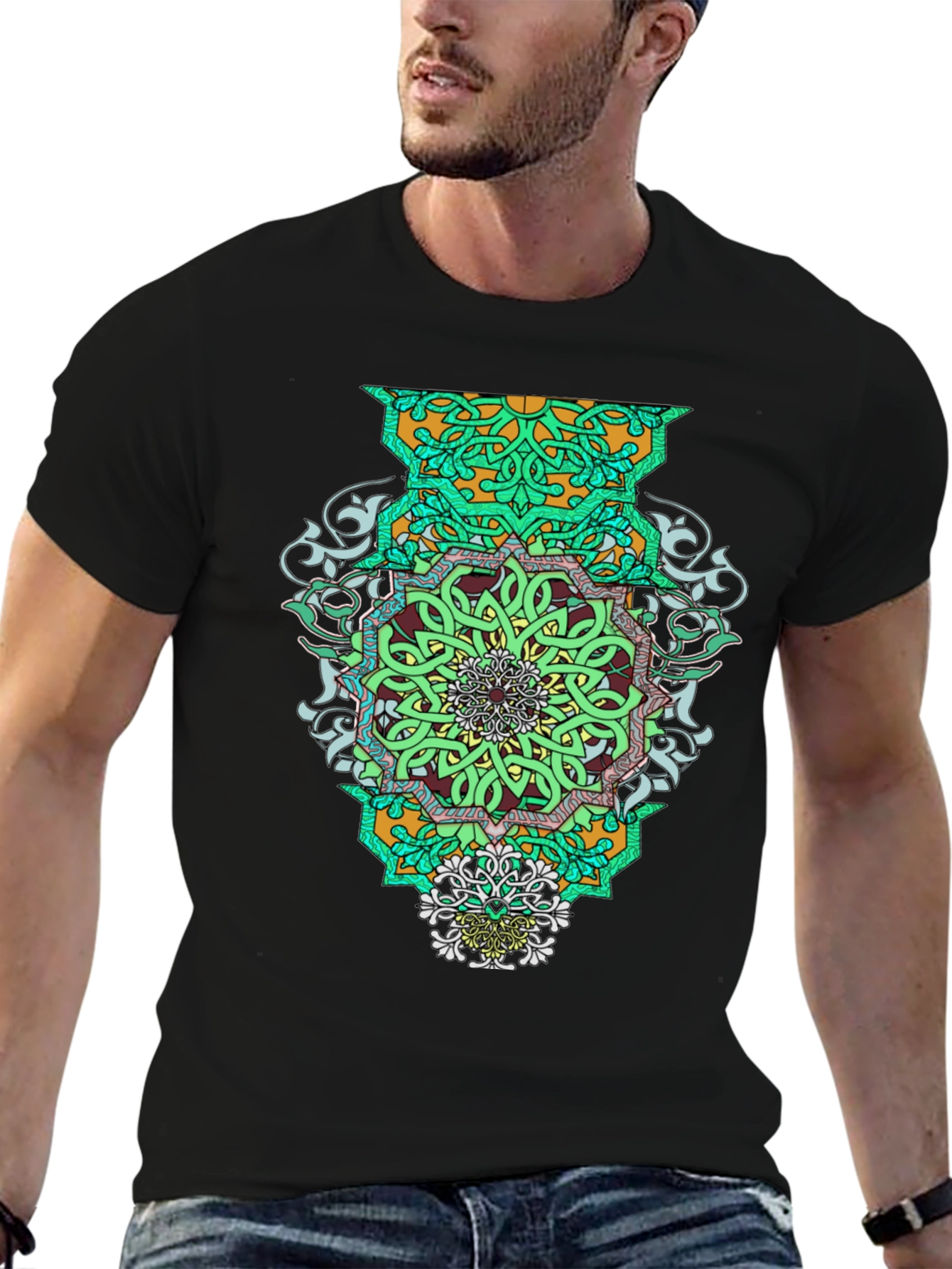 Geometric Mandala Graphic Tee - Stylish Mens Black T-Shirt