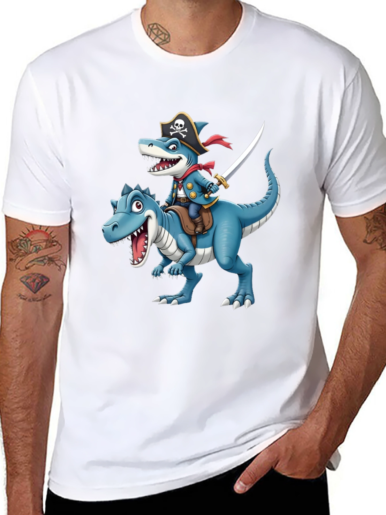 Pirate Shark Riding Dino Graphic Tee