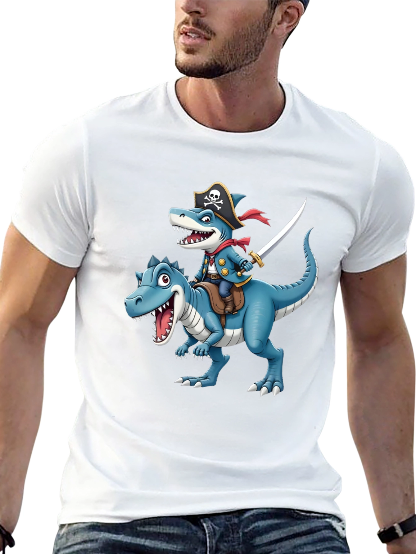 Pirate Shark Riding Dino Graphic Tee