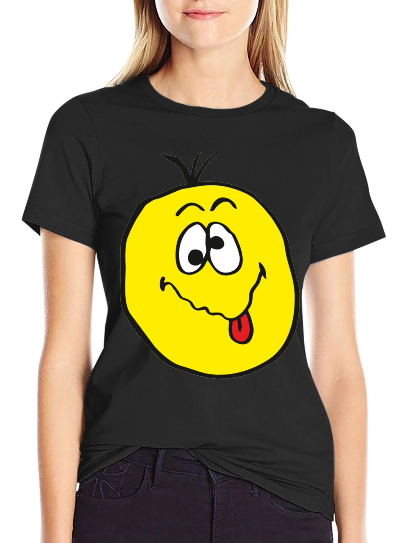 Funny Face Black T-Shirt Smiling Tongue Emoji