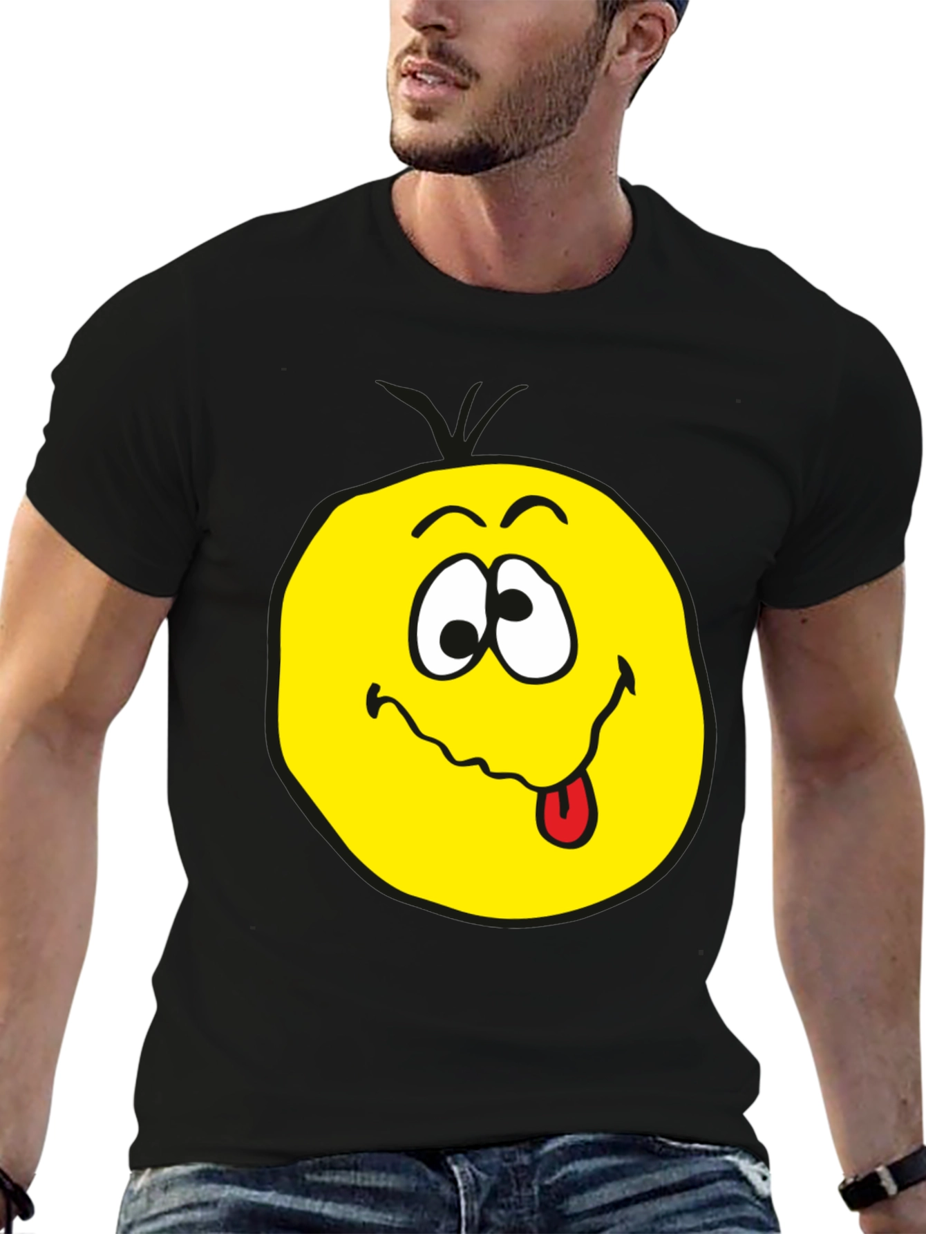 Funny Face Black T-Shirt Smiling Tongue Emoji