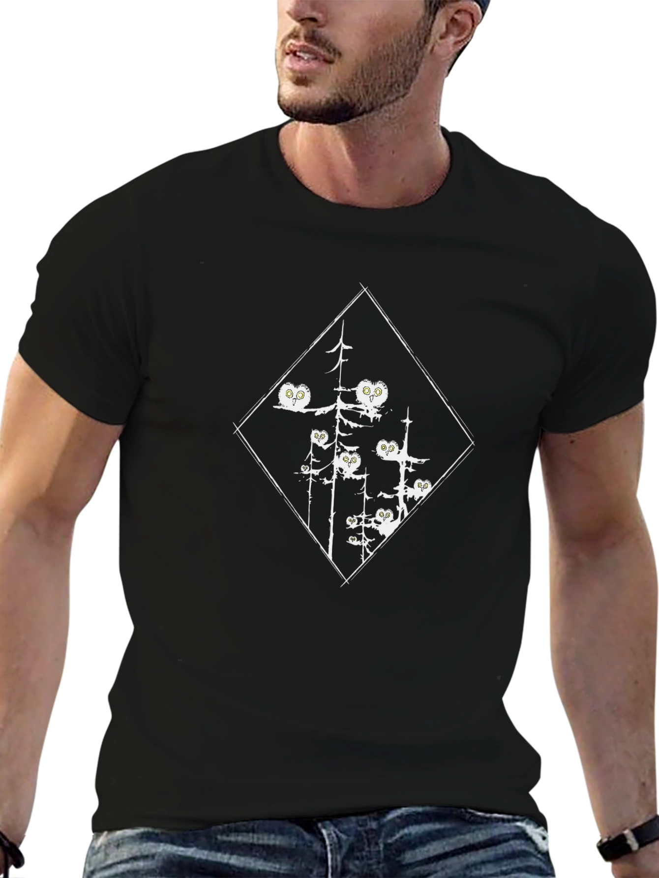 Mens Black Owl Forest Graphic Tee