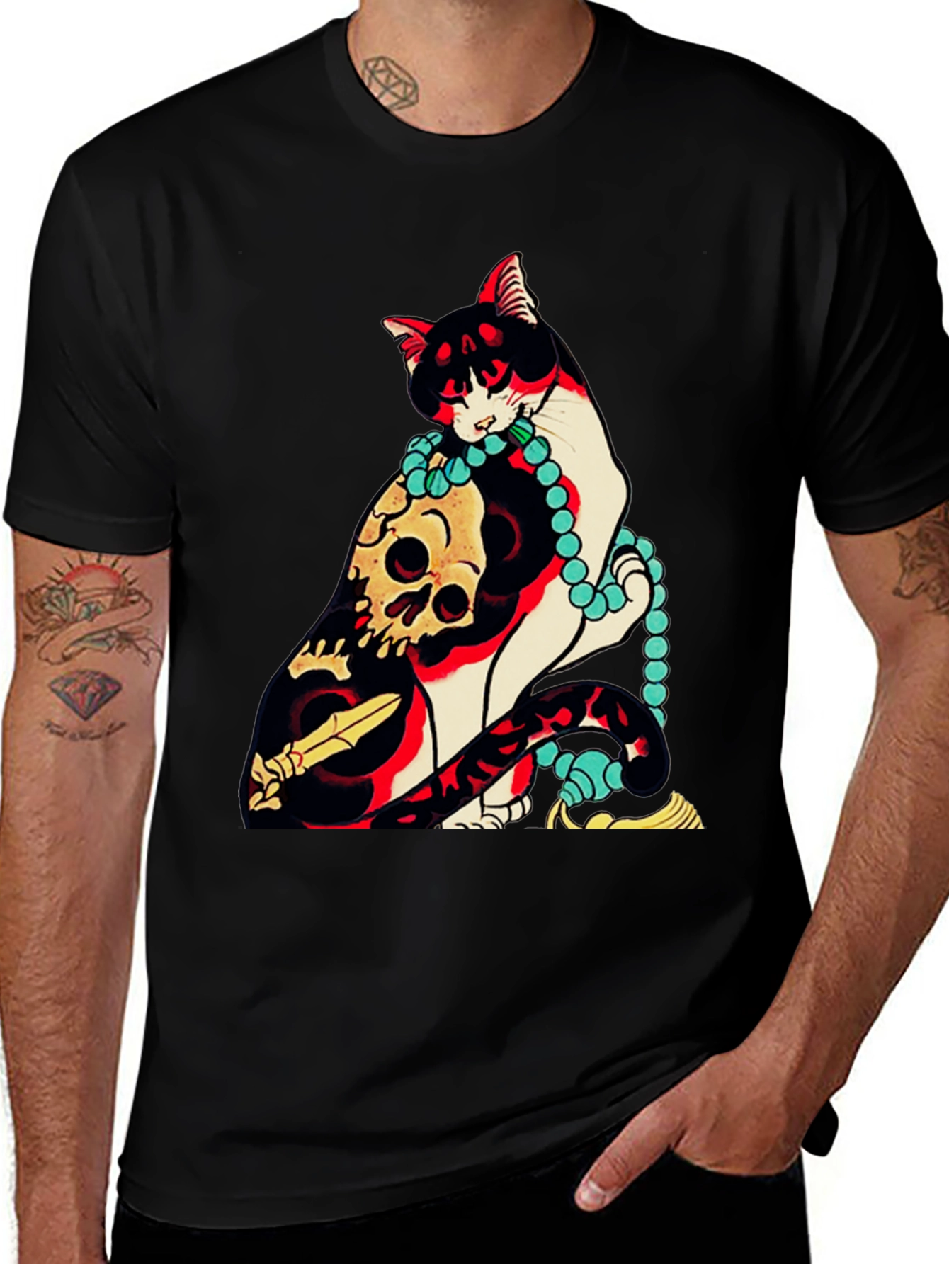 Cat & Skull Graphic Tee - Unique Design T-Shirt