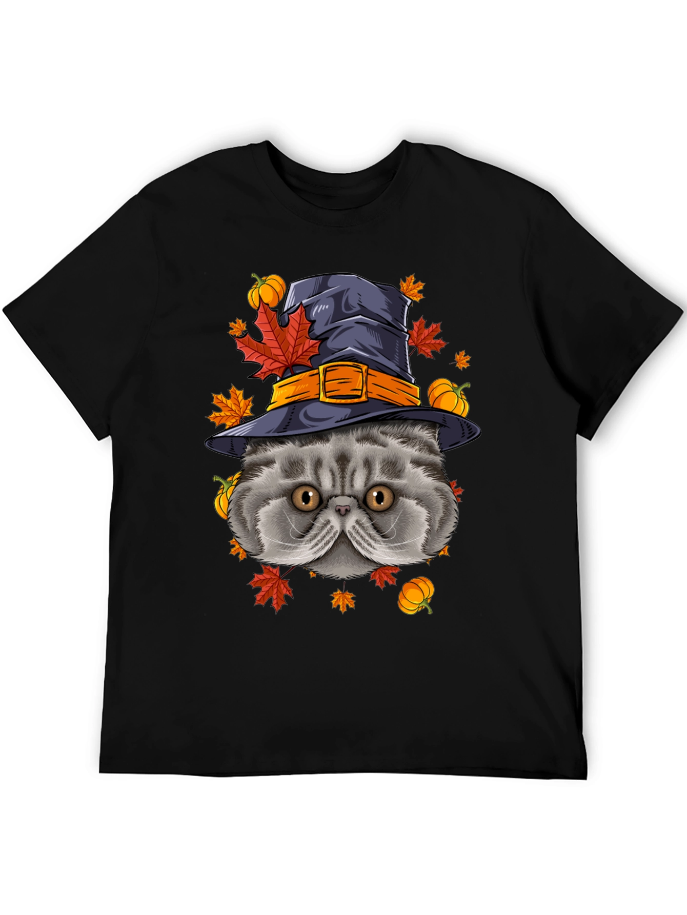Halloween Cat T-Shirt with Witch Hat & Pumpkins