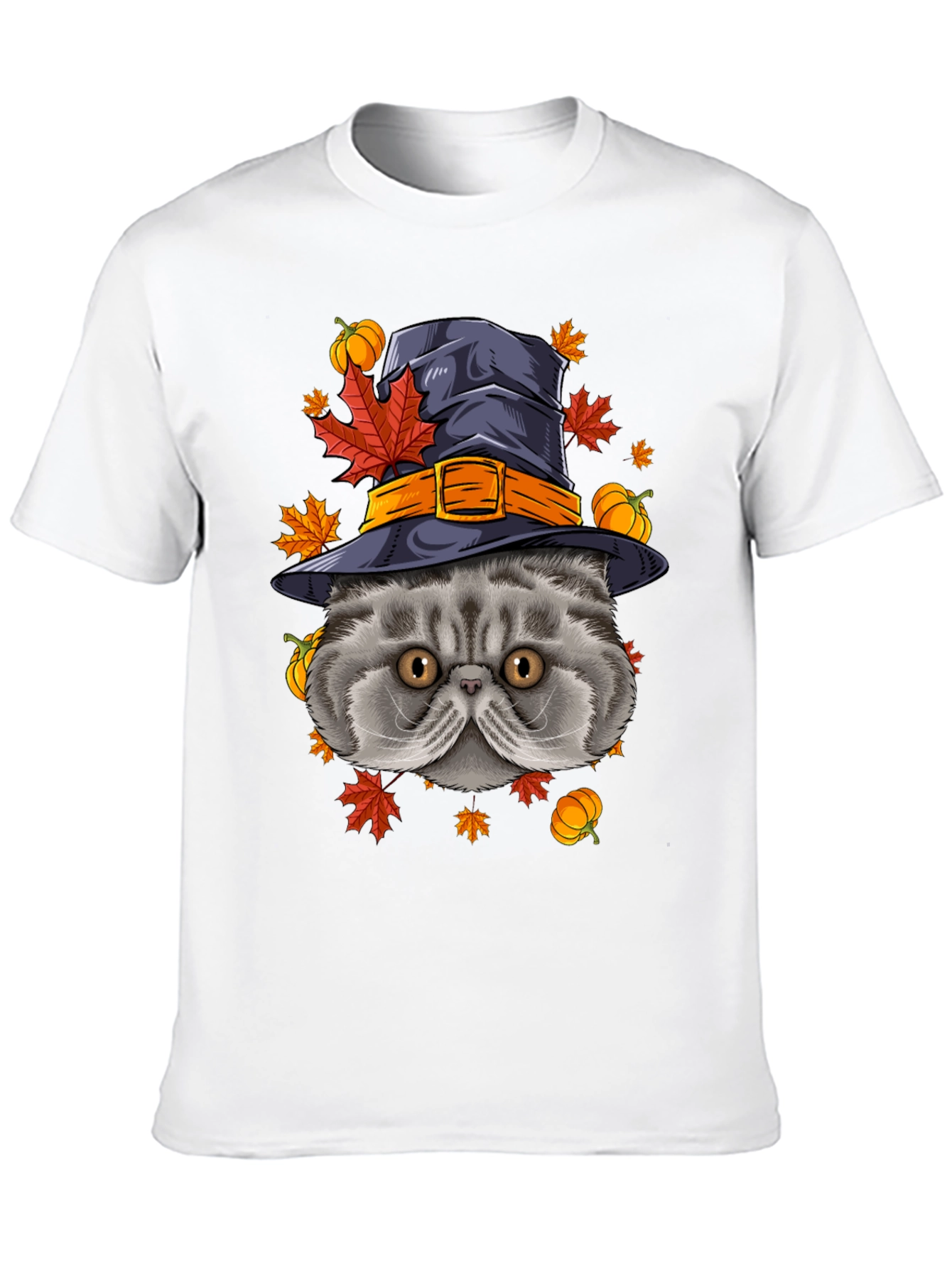 Halloween Cat T-Shirt with Witch Hat & Pumpkins