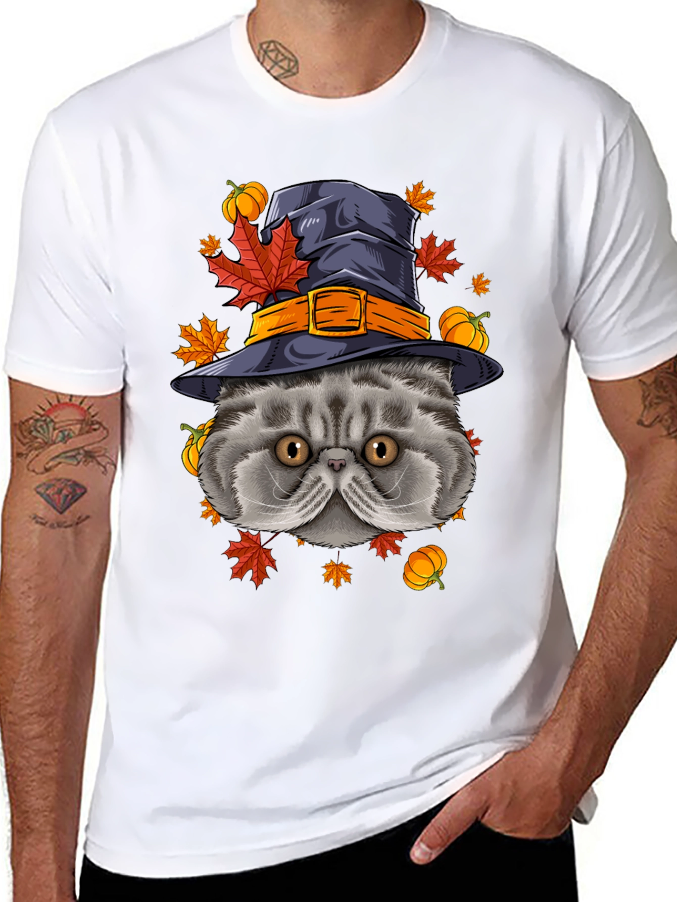 Halloween Cat T-Shirt with Witch Hat & Pumpkins