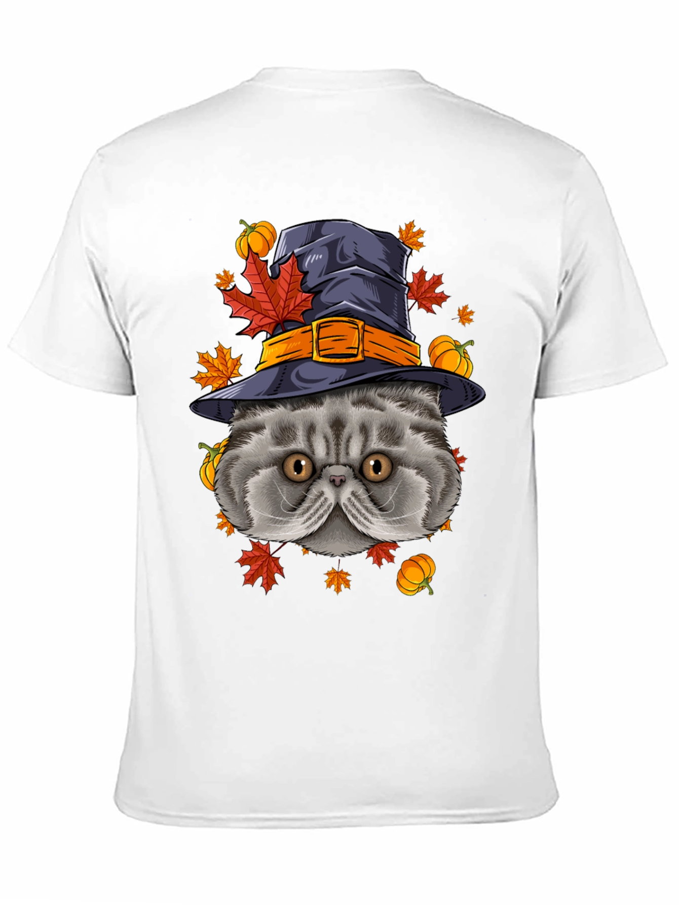 Halloween Cat T-Shirt with Witch Hat & Pumpkins