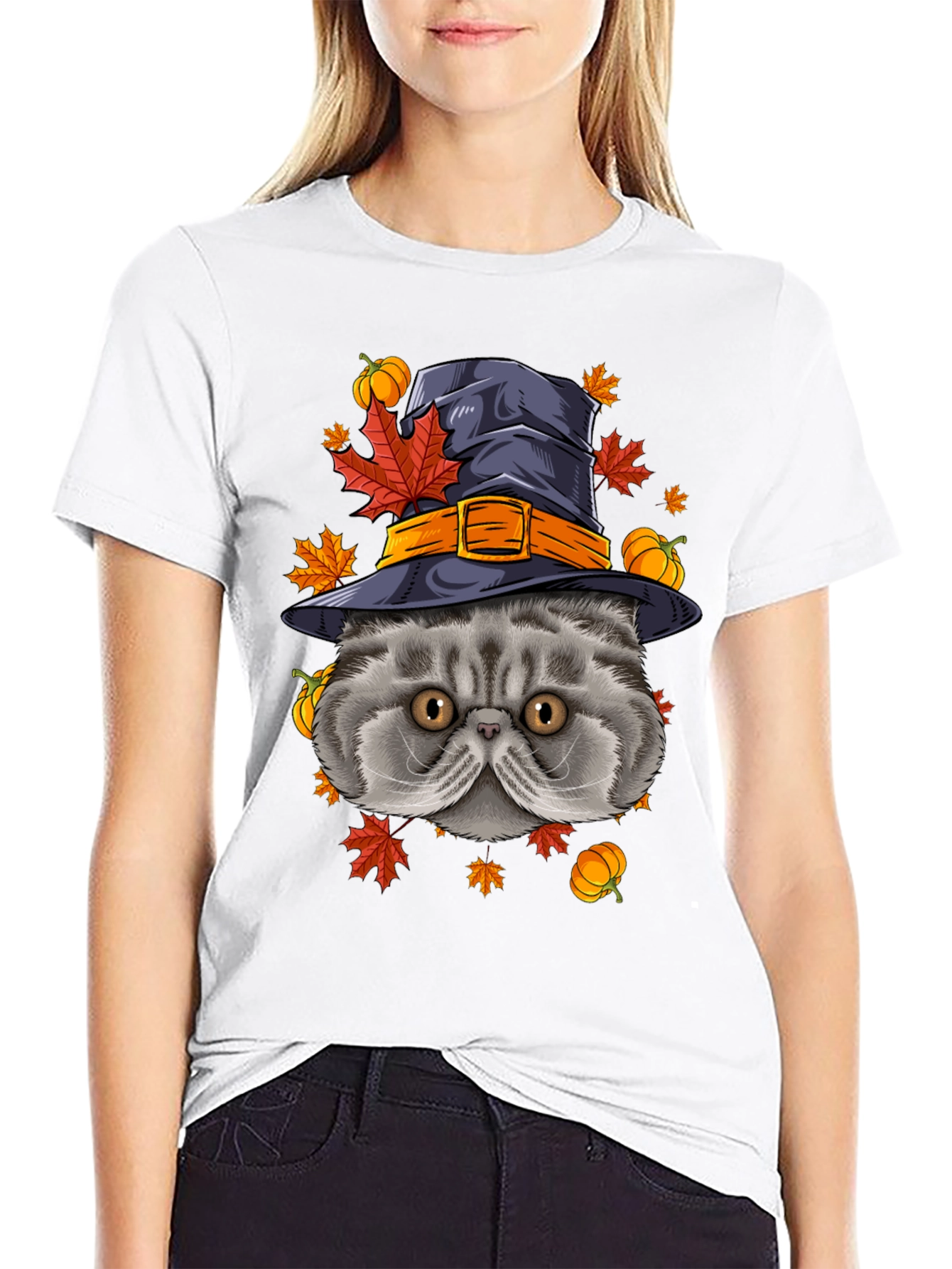Halloween Cat T-Shirt with Witch Hat & Pumpkins