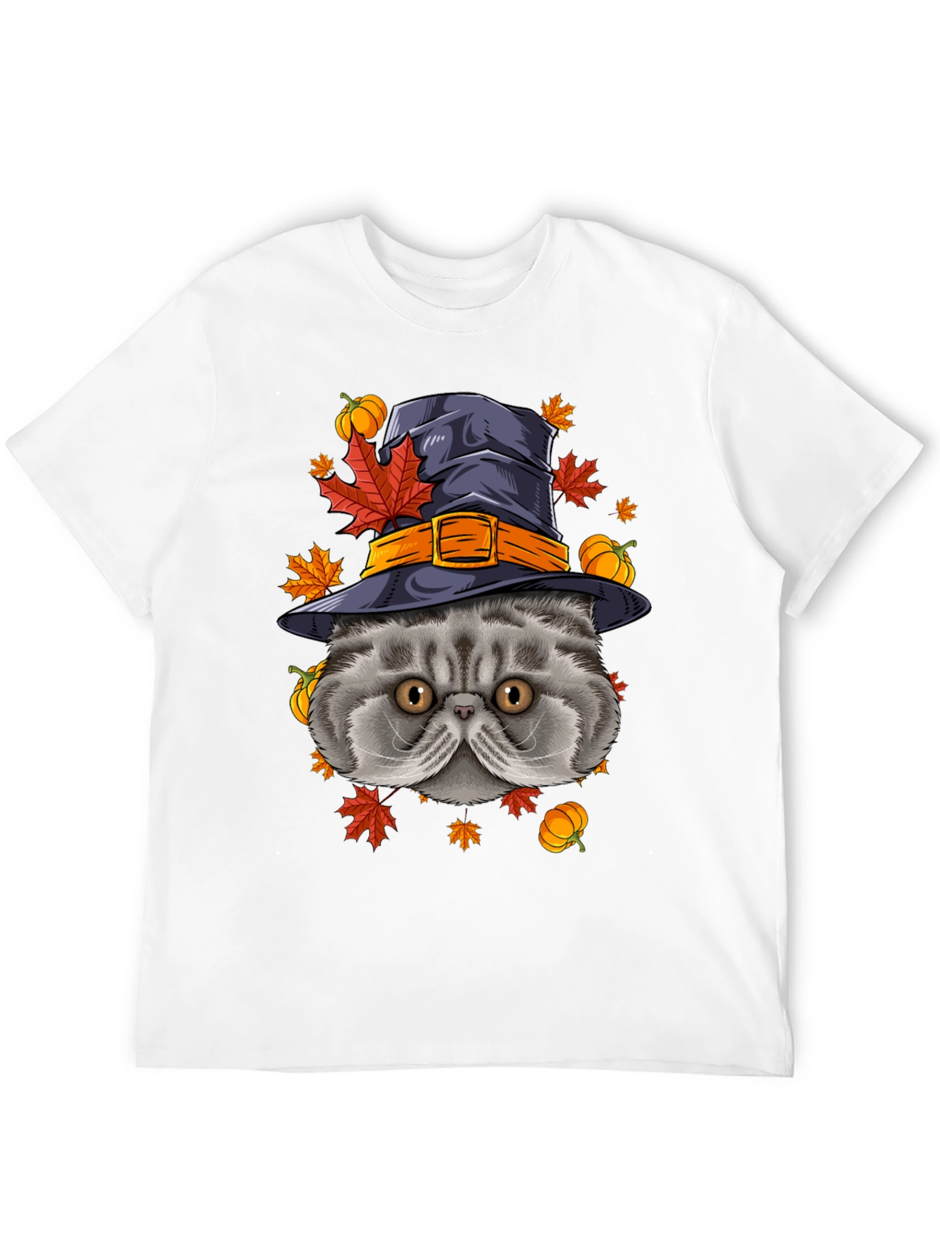 Halloween Cat T-Shirt with Witch Hat & Pumpkins