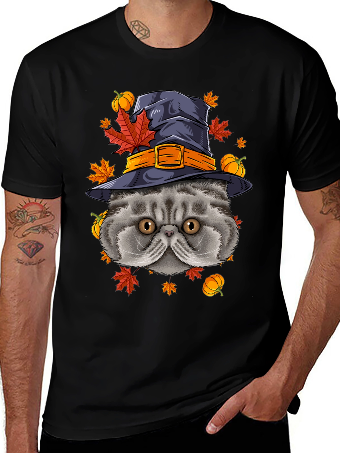 Halloween Cat T-Shirt with Witch Hat & Pumpkins