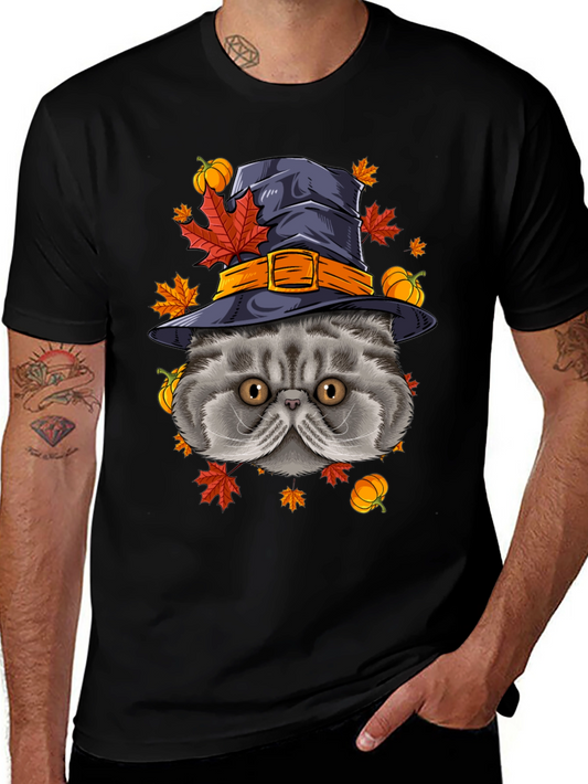 Halloween Cat T-Shirt with Witch Hat & Pumpkins