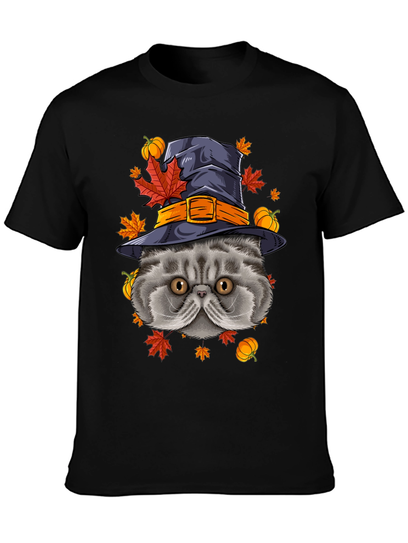 Halloween Cat T-Shirt with Witch Hat & Pumpkins