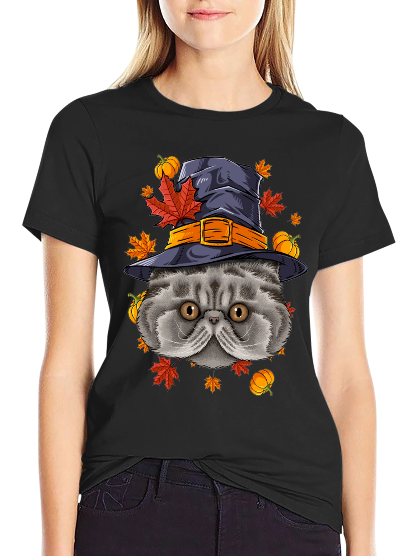 Halloween Cat T-Shirt with Witch Hat & Pumpkins