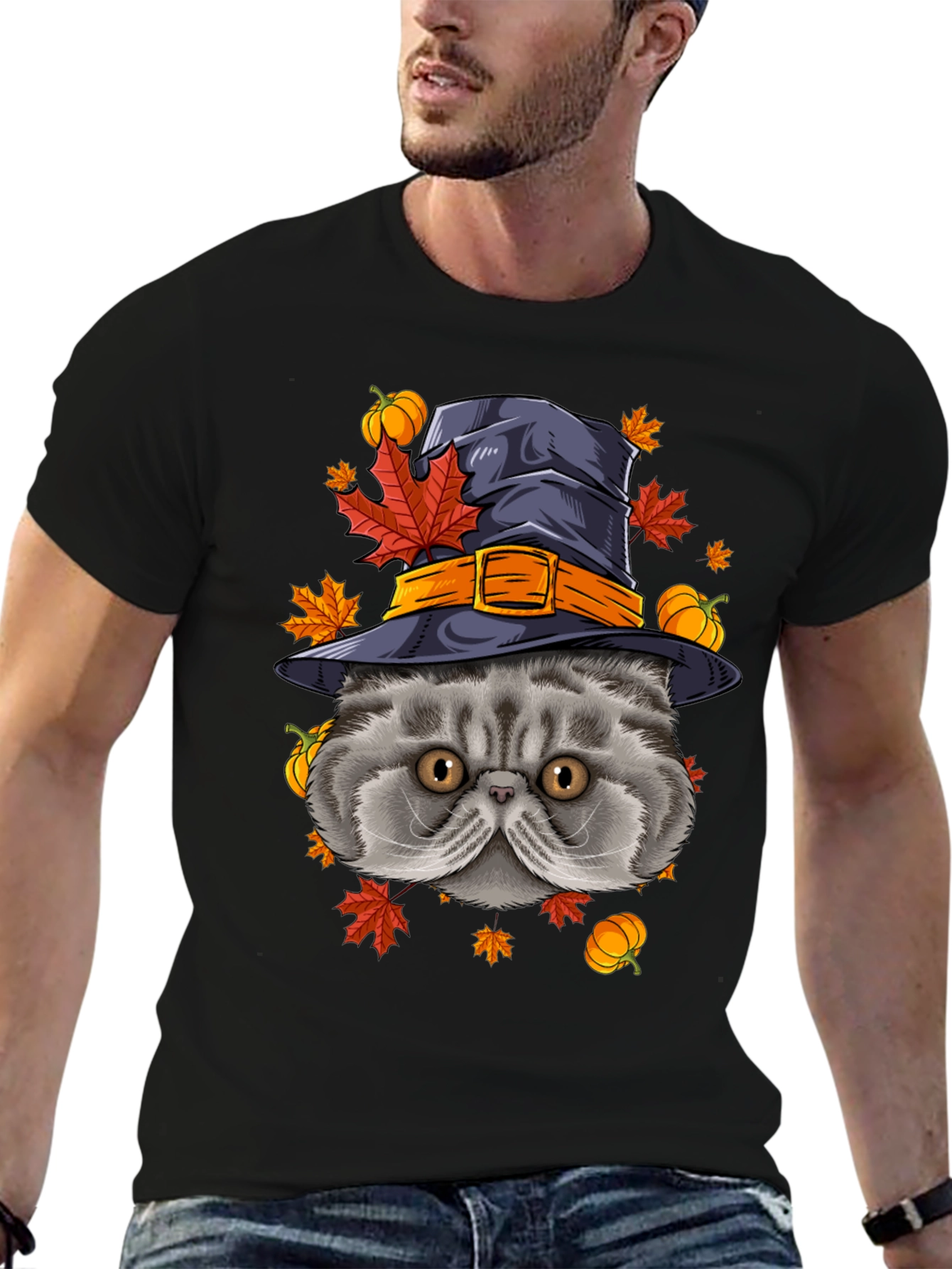 Halloween Cat T-Shirt with Witch Hat & Pumpkins
