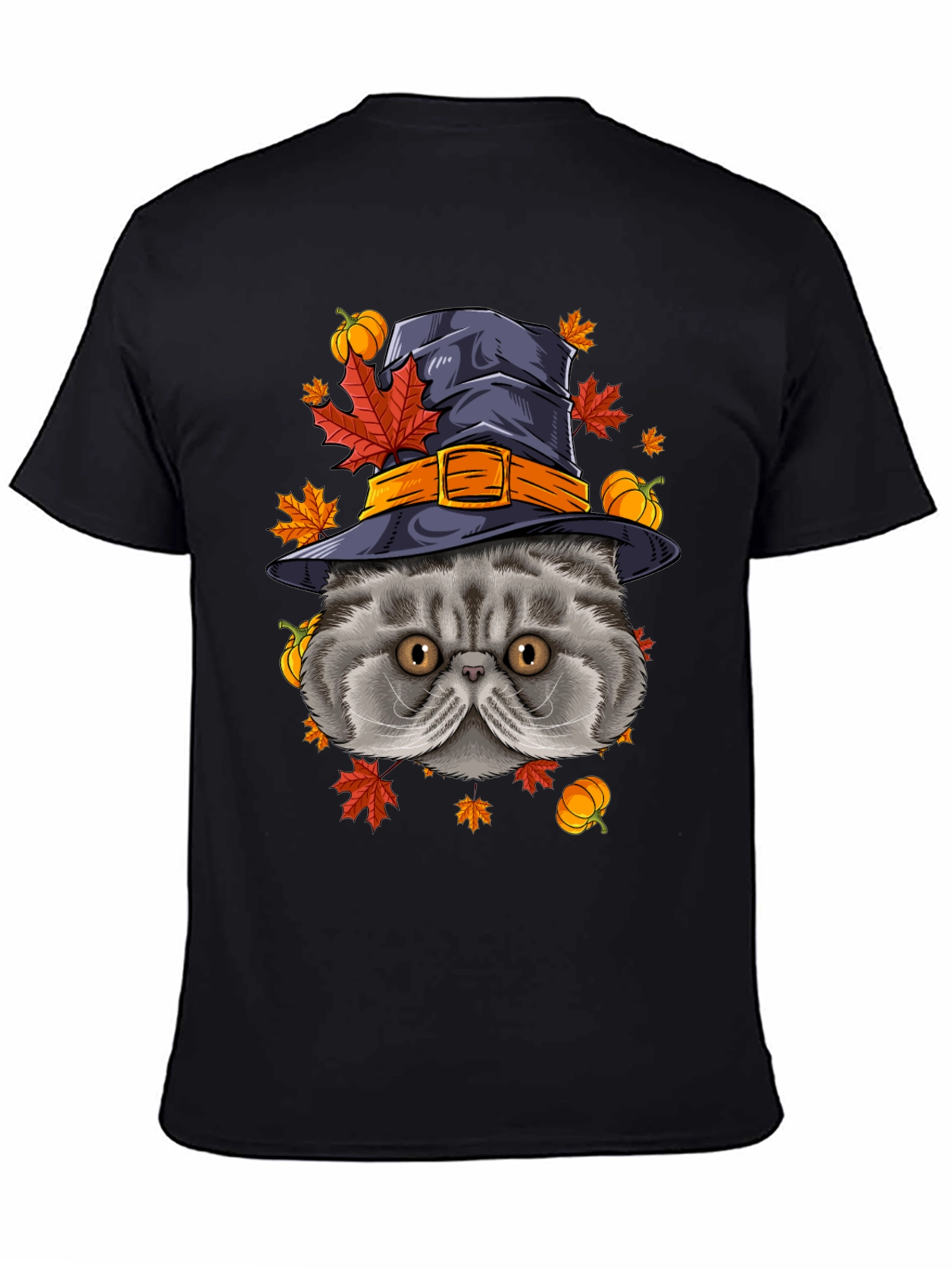 Halloween Cat T-Shirt with Witch Hat & Pumpkins