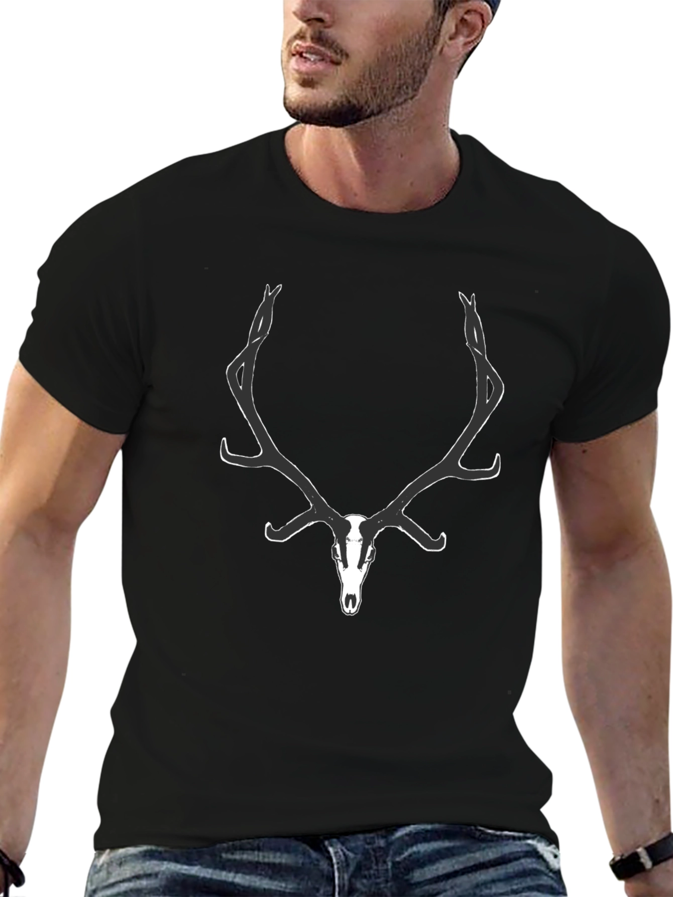 Mens Black Deer Skull Graphic Tee