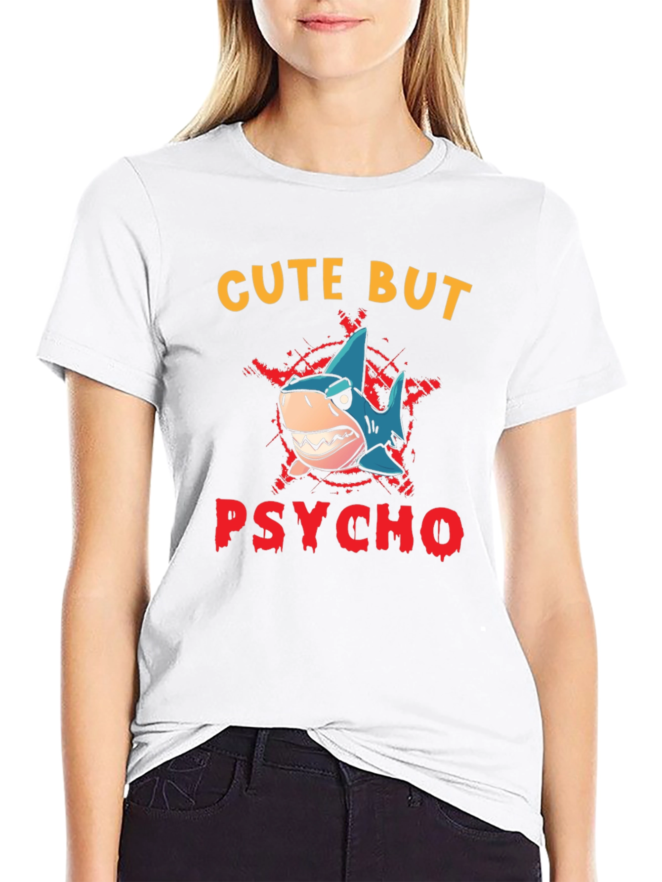 Cute But Psycho Shark Graphic Print T-Shirt - Black